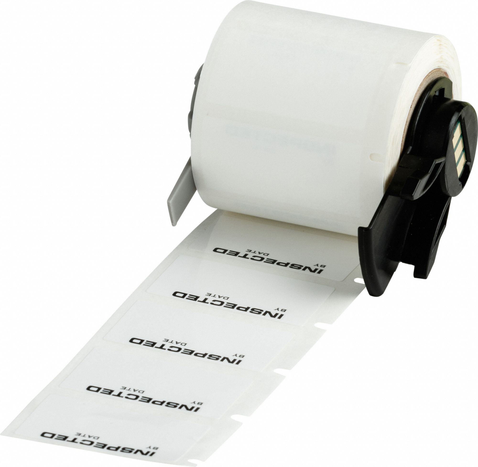 Pre-Cut Label Stock Roll: Inspected By, 3/4 in x 1 1/2 in, 1 1/2 in x 3/4 in, Polyester, Black/White