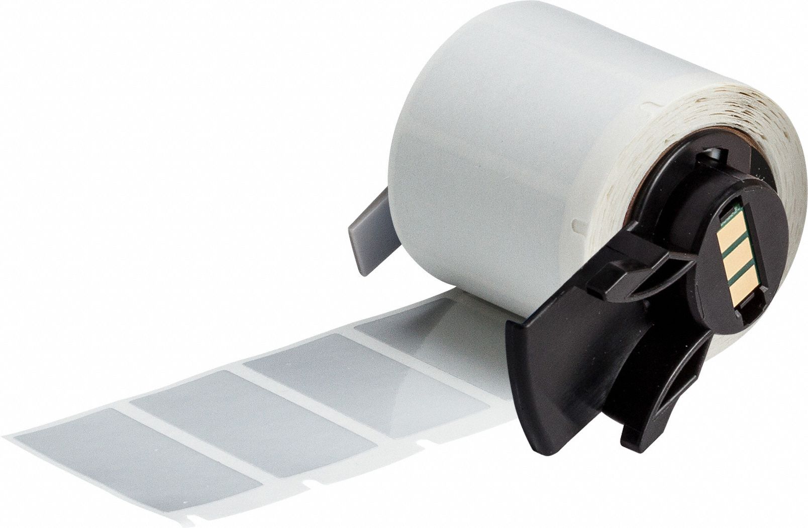 Pre-Cut Label Stock Roll: 3/4 in x 1 1/2 in, 1 1/2 in x 3/4 in, Polyester, Silver