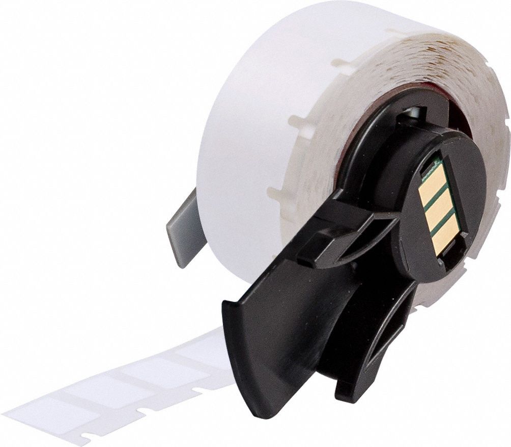 Pre-Cut Label Stock Roll: 3/8 in x 1/2 in, Acrylic, Aggressive Adhesive/Permanent Adhesive