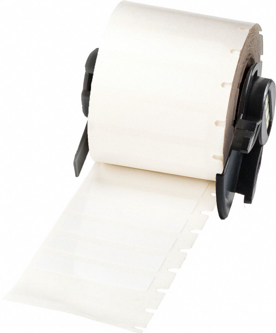 Pre-Cut Label Stock Roll: 3/8 in x 1 1/2 in, Acrylic, Aggressive Adhesive/Permanent Adhesive