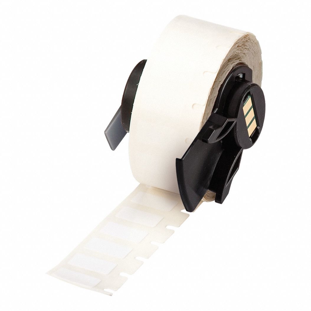 Pre-Cut Label Stock Roll: 9/32 in x 1/2 in, Acrylic, Aggressive Adhesive/Permanent Adhesive