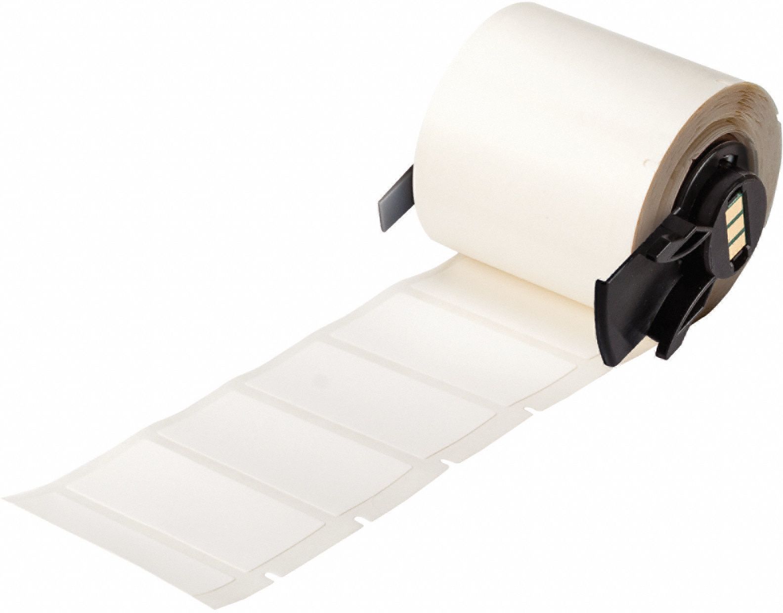 Pre-Cut Label Stock Roll: 1/4 in Label Ht, 1 29/32 in Label Wd, 1/4 in Roll Lg, White