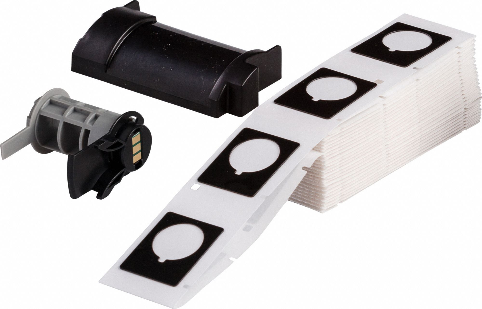 Pre-Cut Label Stock Roll: 1 1/2 in x 1 13/64 in, Polyester, Black (Gloss), 100 Labels per Roll