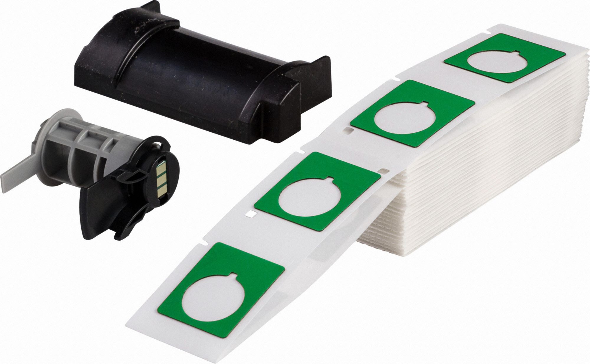Pre-Cut Label Stock Roll: 1 1/2 in x 1 13/64 in, Polyester, Green (Gloss), 100 Labels per Roll