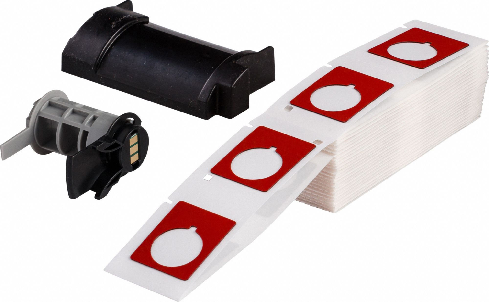 Pre-Cut Label Stock Roll: 1 1/2 in x 1 13/64 in, Polyester, Red (Gloss), 100 Labels per Roll