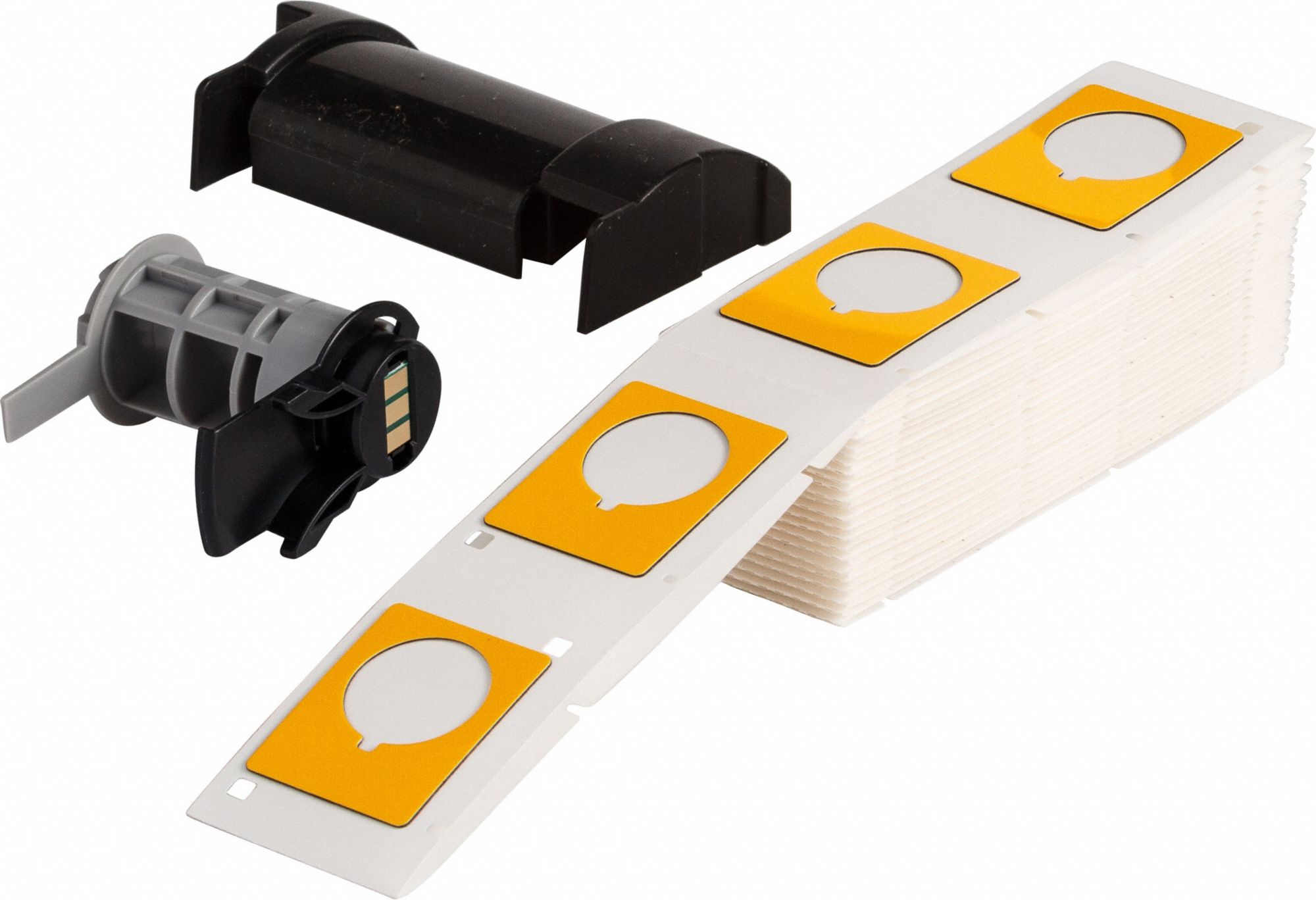Pre-Cut Label Stock Roll: 1 1/2 in x 1 13/64 in, Polyester, Yellow (Gloss), 100 Labels per Roll