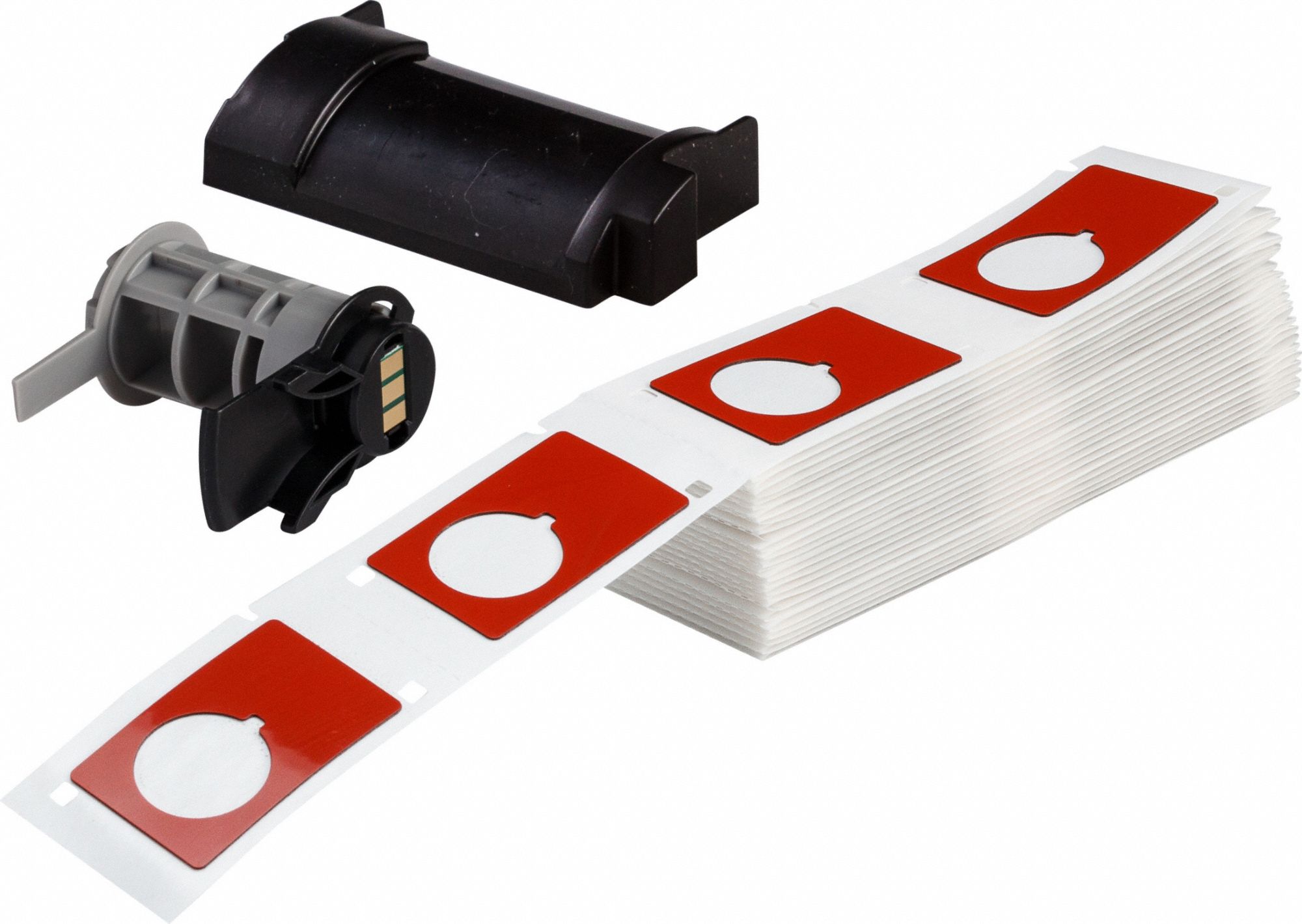 Pre-Cut Label Stock Roll: 1 29/32 in x 1 13/64 in, Polyester, Red (Gloss), 100 Labels per Roll