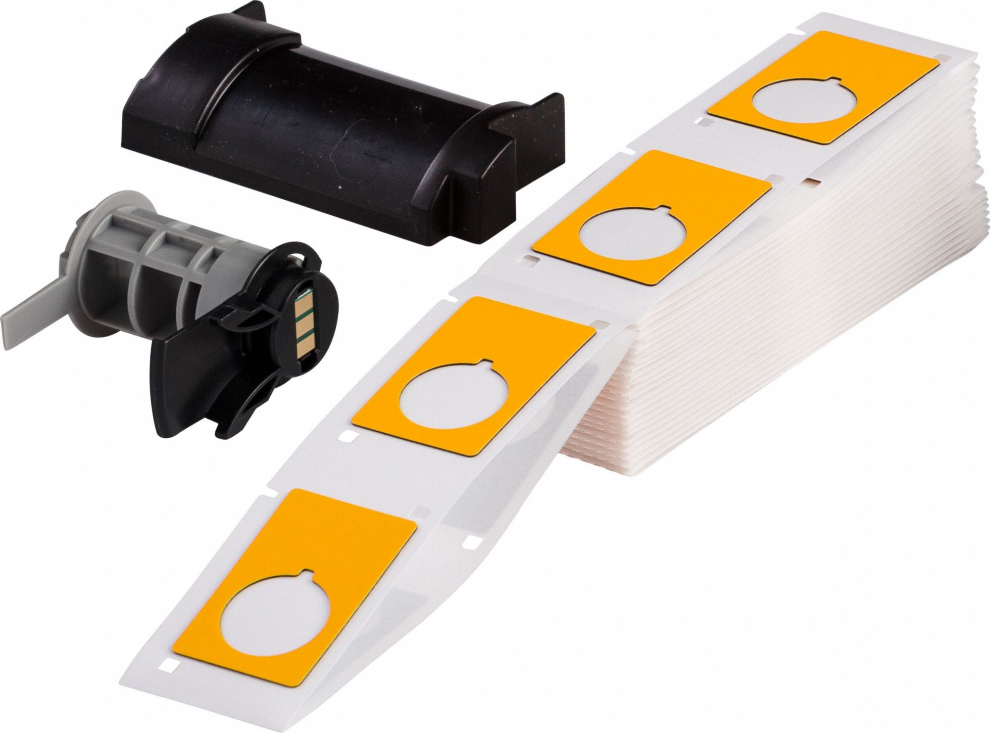 Pre-Cut Label Stock Roll: 1 29/32 in x 1 13/64 in, Polyester, Yellow (Gloss), 100 Labels per Roll