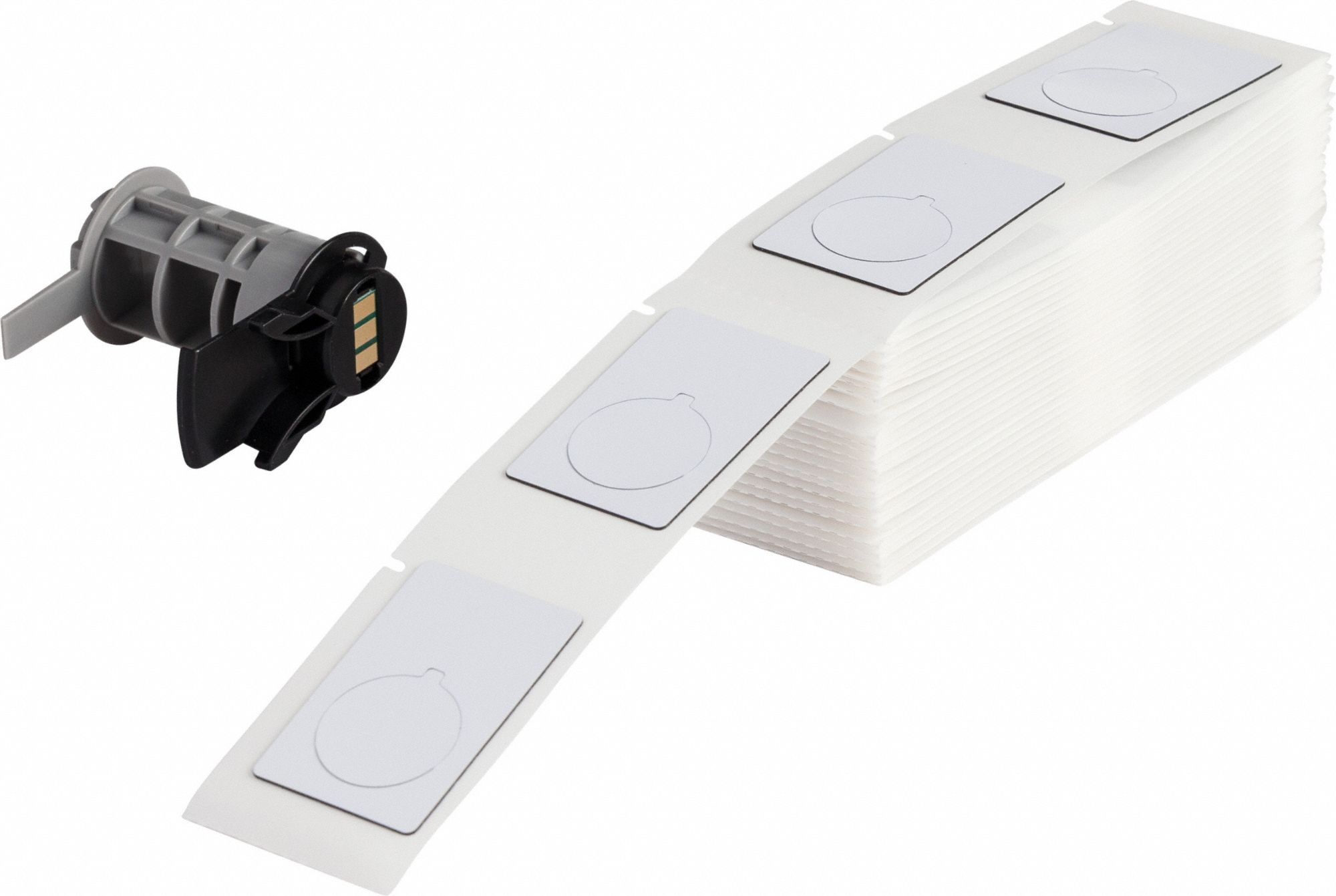 Pre-Cut Label Stock Roll: 1 29/32 in x 1 13/64 in, Polyester, White (Gloss), 100 Labels per Roll