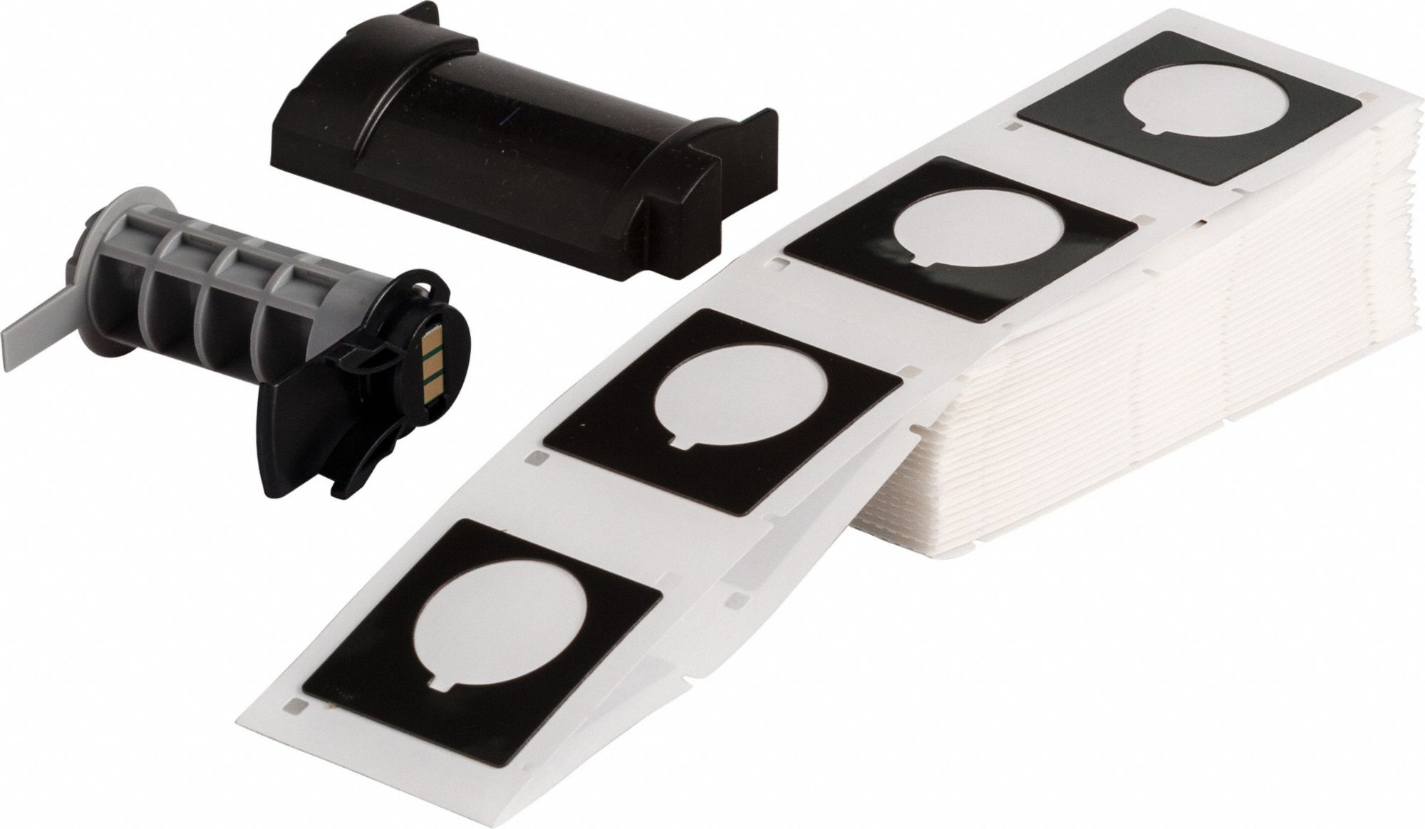 Pre-Cut Label Stock Roll: 1 51/64 in x 1 51/64 in, Polyester, Black (Gloss), 100 Labels per Roll