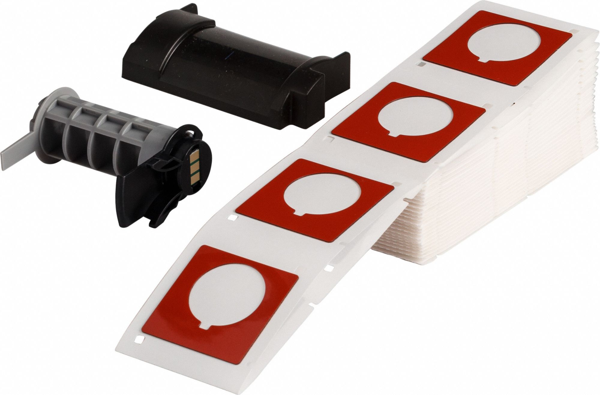 Pre-Cut Label Stock Roll: 1 51/64 in x 1 51/64 in, Polyester, Red (Gloss), 100 Labels per Roll