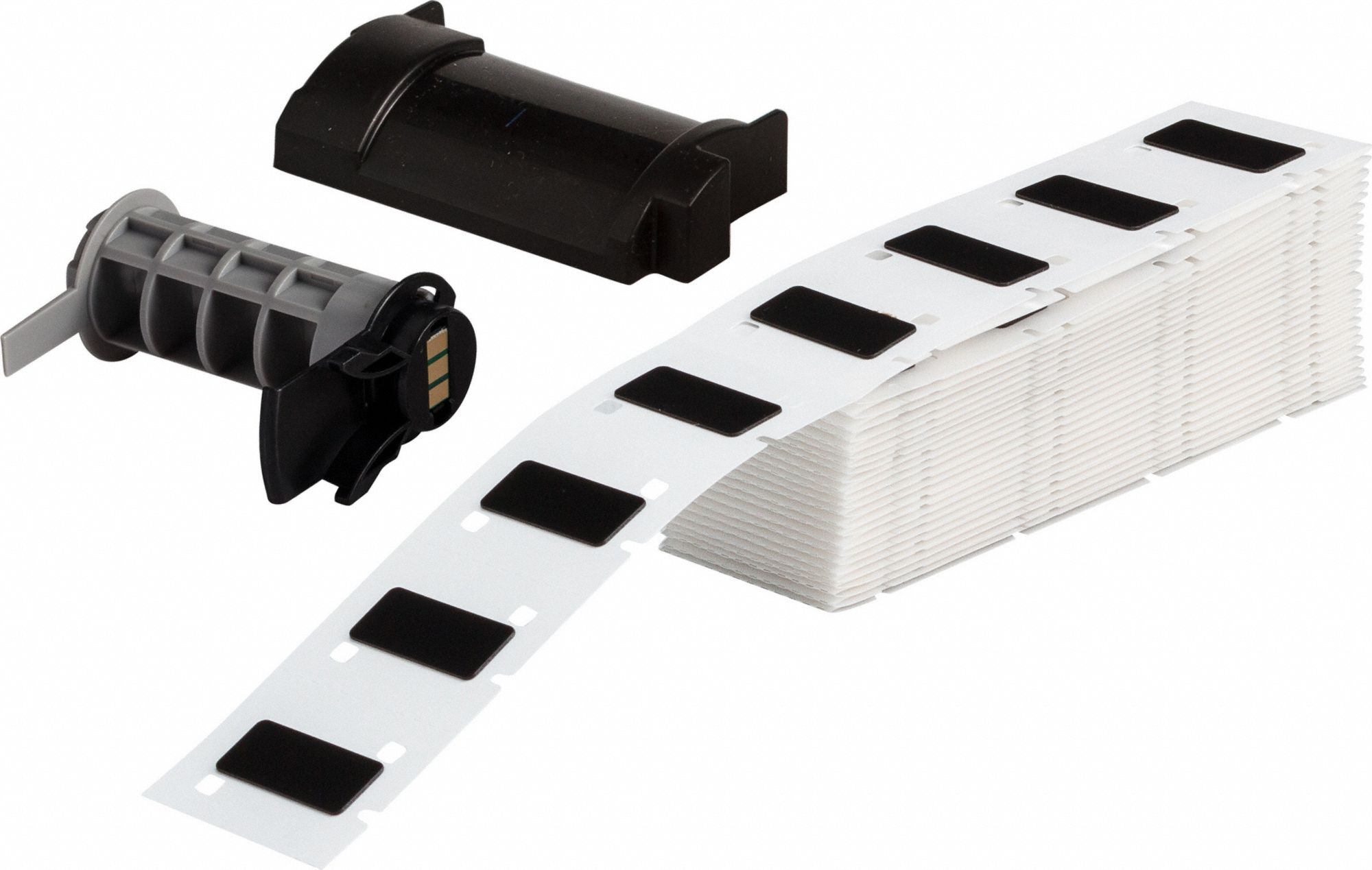 Pre-Cut Label Stock Roll: 1/2 in x 1 1/16 in, Polyester, Black (Gloss), 200 Labels per Roll