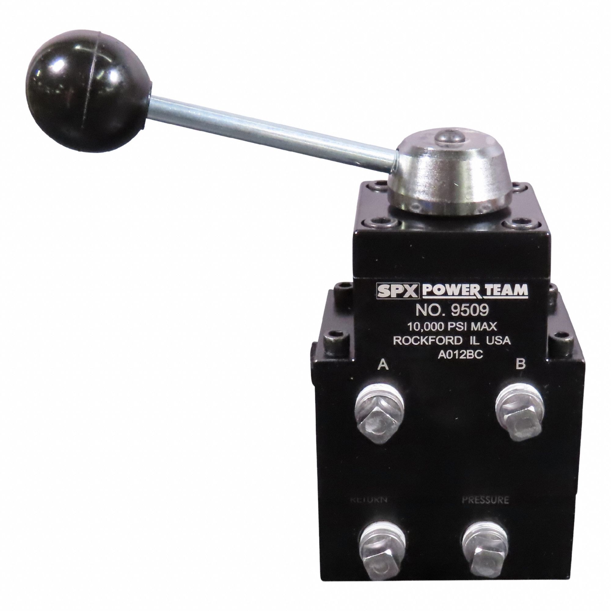 POWER TEAM Hydraulic Directional Control Valve: 5 gpm Max Flow Rate, Three Positions, 3/8" NPT, 9509. Key specifications — attr1018270: Load Holding; attr1018253: POWER TEAM; attr1018283: Tank; attr1018249: 9509; attr1018300: Manual; attr1416406: 3/8" NPT.