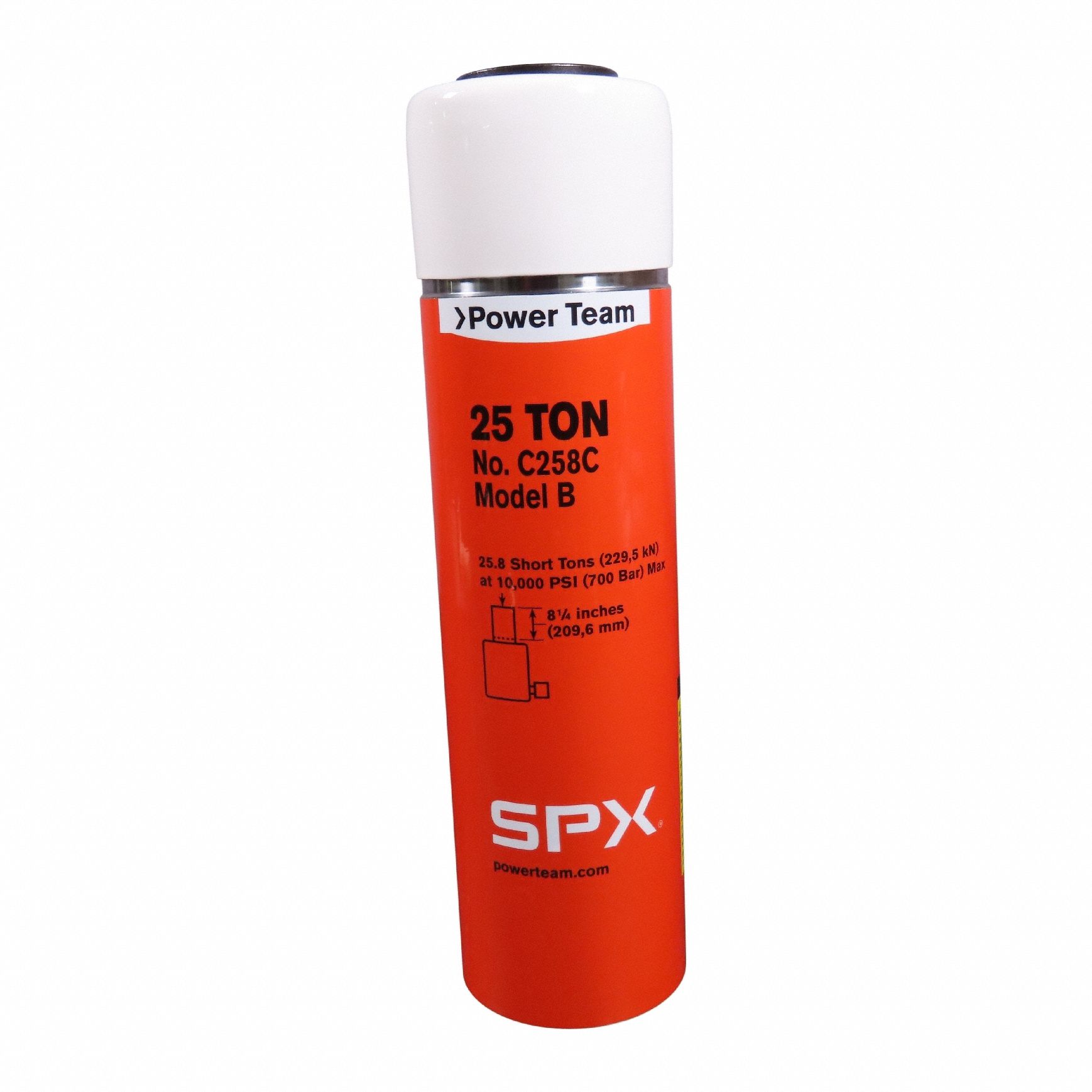 POWER TEAM Hydraulic Cylinder: Single Acting, 25 ton Nominal Capacity, 8 in Nominal Stroke Lg, Steel (MPN C258C). Key specifications — attr98927: POWER TEAM.