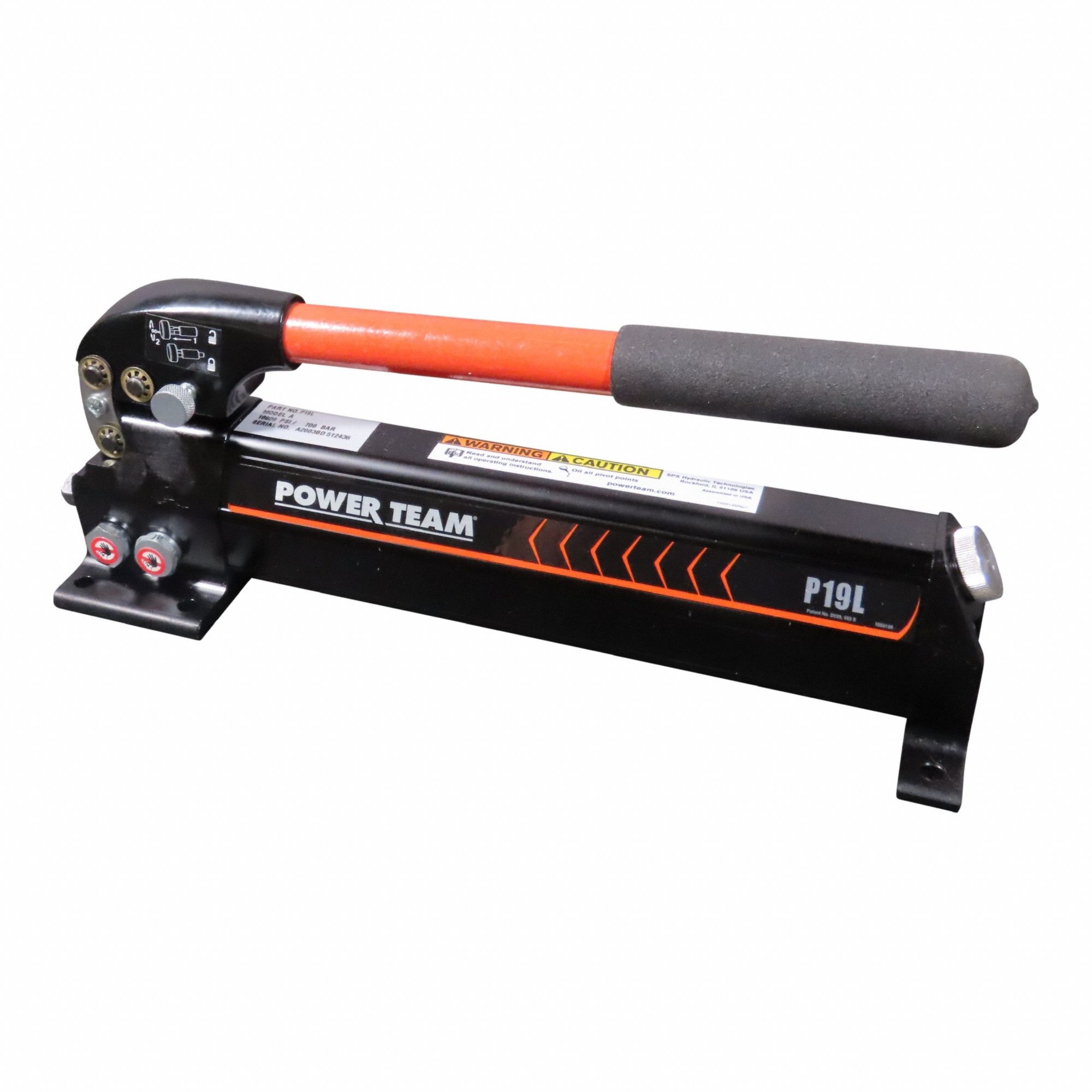 POWER TEAM Hydraulic Hand Pump: 1 Stages, Single Acting, 10,000 psi Max. Pressure 1st Stage (MPN P19L). Key specifications — Brand: POWER TEAM; Cylinder Compatibility: Single Acting.