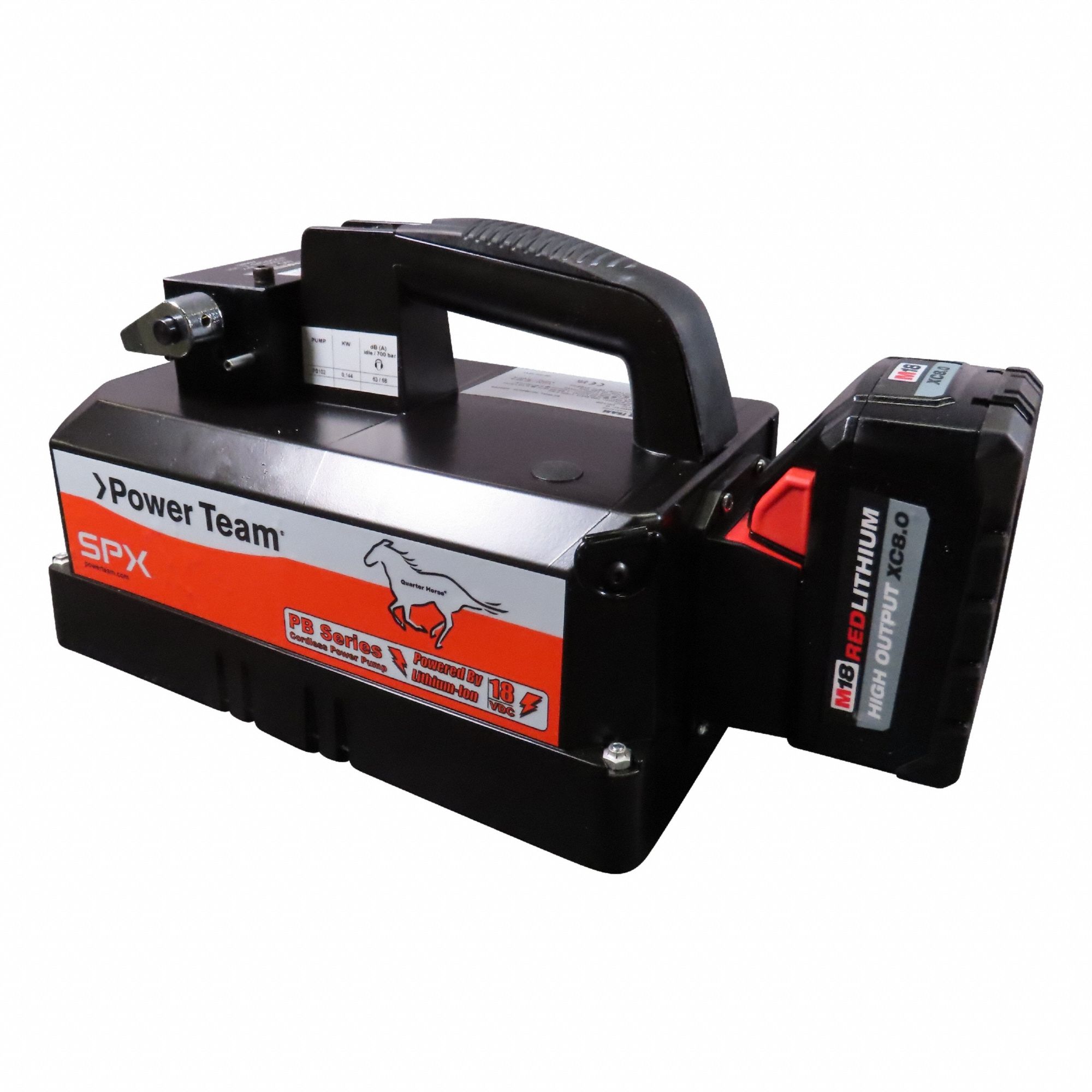 POWER TEAM Battery Pump: 10,000 psi Max. Op Pressure, 200 cu in/min Max. Flow Rate, 1/4 hp Max. HP (MPN PB102-1). Key specifications — attr941810: PB102-1; attr941817: Dump Valve; attr941814: Retract.