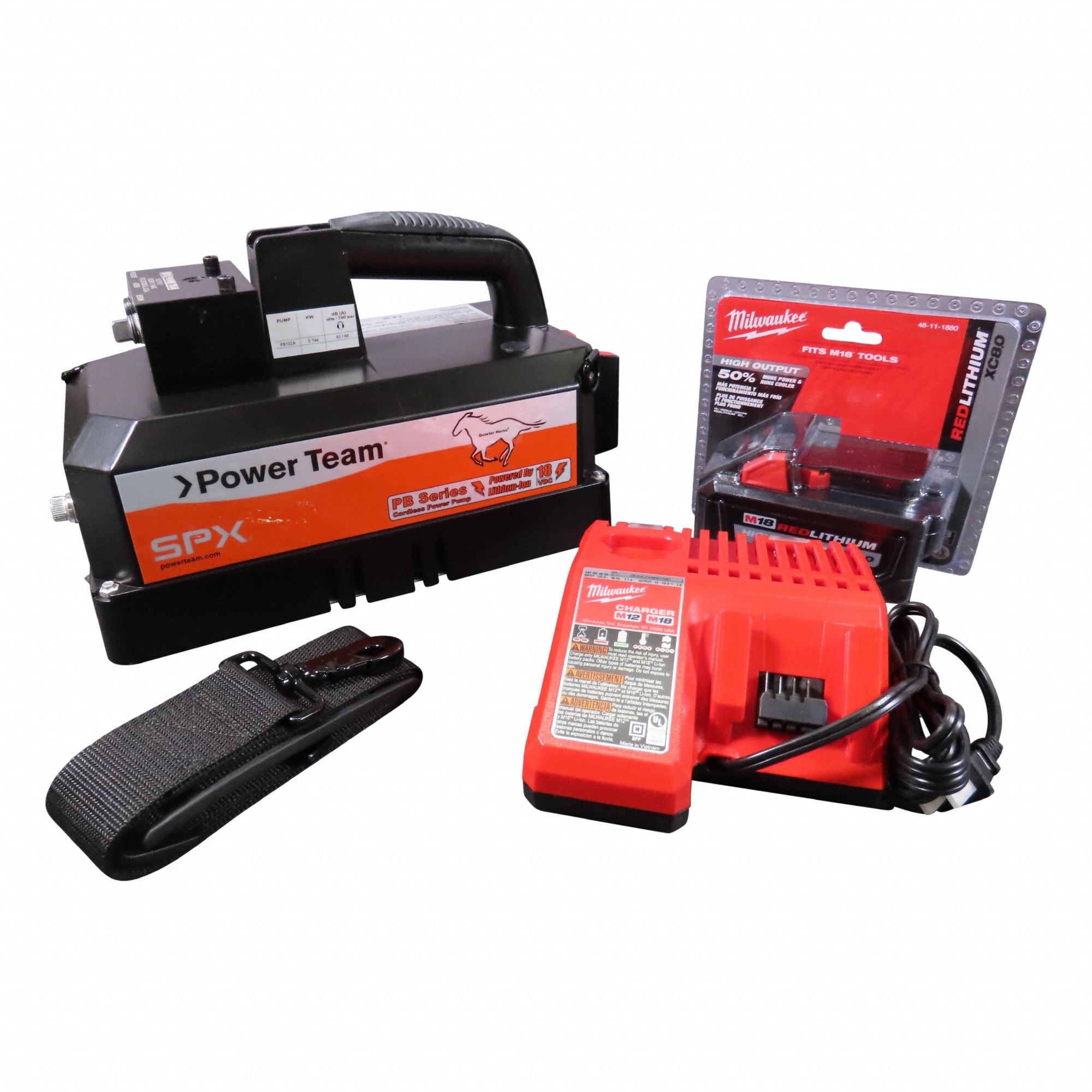 POWER TEAM Battery Pump: 10,000 psi Max. Op Pressure, 200 cu in/min Max. Flow Rate, 1/4 hp Max. HP (MPN PB102A-1). Key specifications — attr941810: PB102A-1; attr941817: Dump Valve; attr941814: Advance.