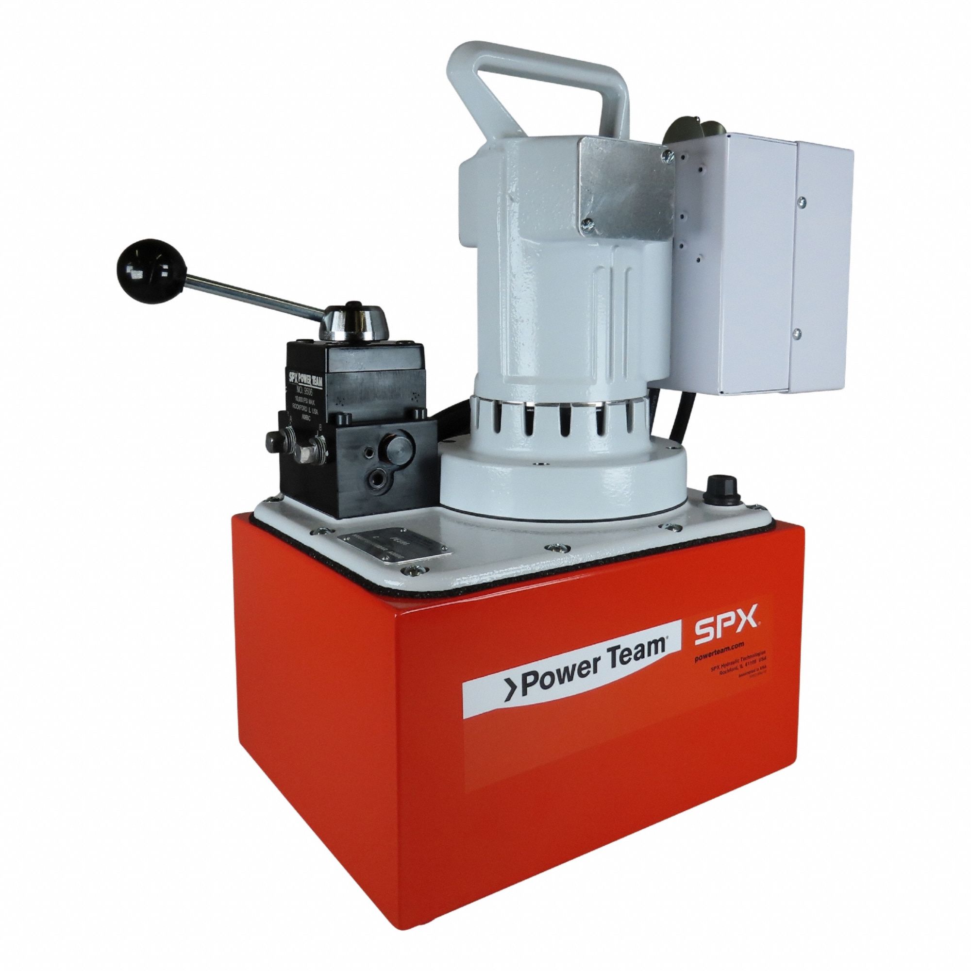 POWER TEAM Electric Pump: 10,000 psi Max. Op Pressure, 704 cu in/min Max. Flow Rate, 110/115V AC (MPN PE554). Key specifications — attr941810: PE554; attr941817: 4-Way; attr941814: Advance.