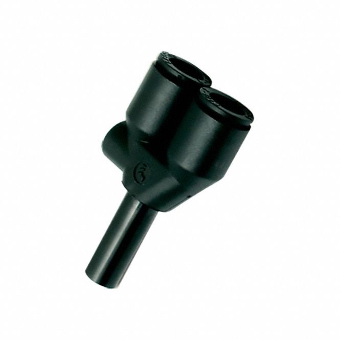 Push-Fit Wye Fitting: 8 mm OD x 8 mm OD x 10 mm OD Size, Polymer, 53 1/2 mm Overall Lg, Black