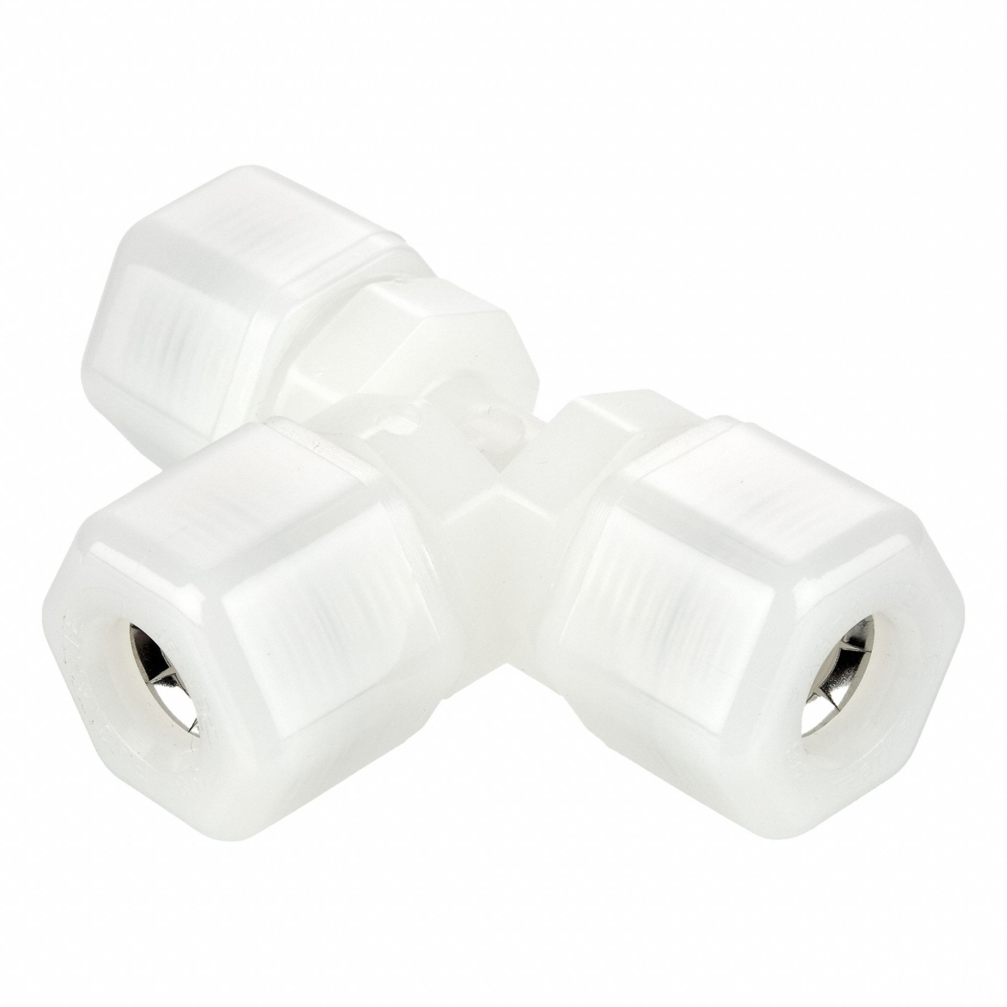 Compression Tee Fitting: 5/8 in OD x 3/8 in OD Size, Compression x Compression, Nylon