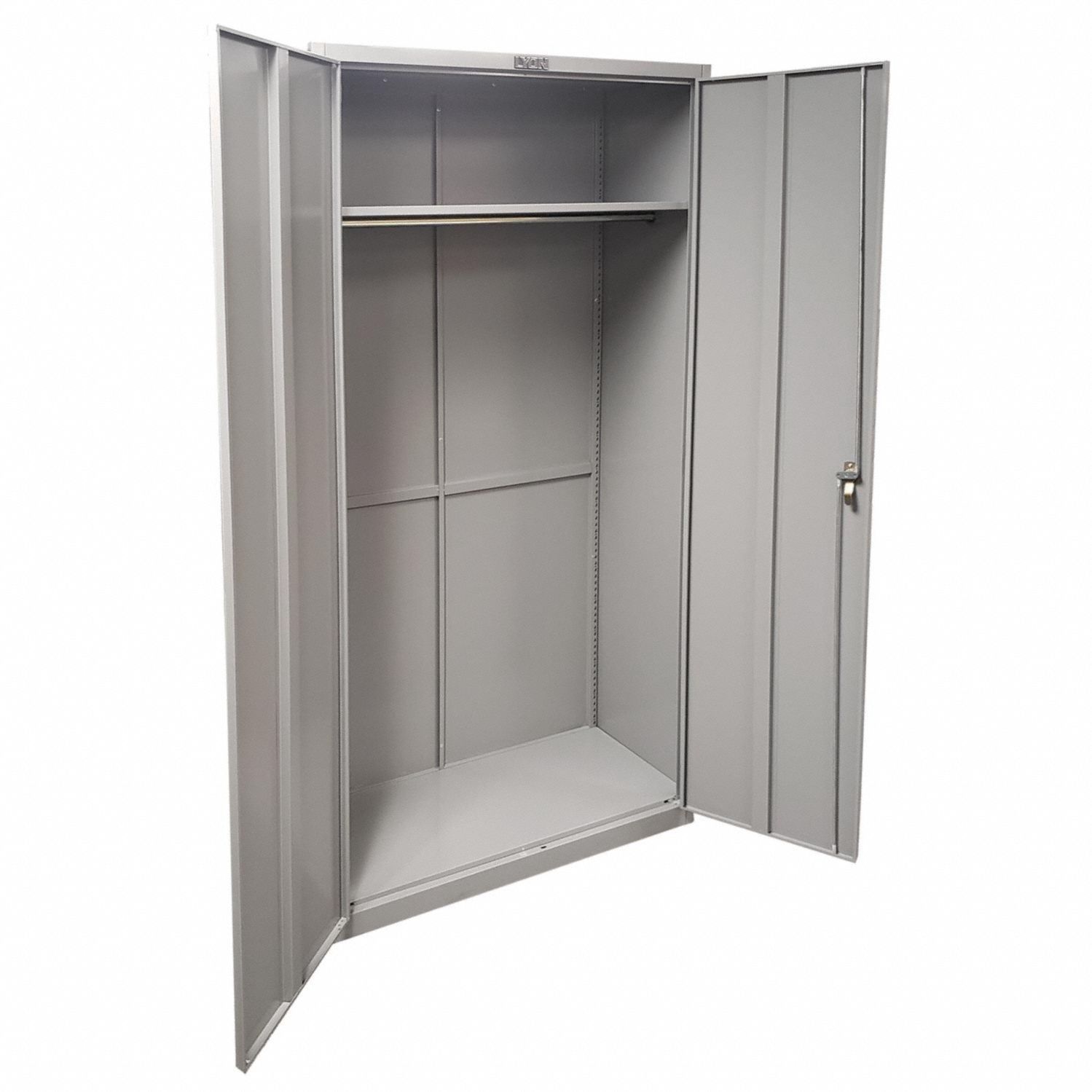 LYON Storage Cabinet: 36 in x 24 in x 72 in, 1 Adj Shelf, Swing Handle & Keyed, Frame, Tan, Tan. Key specifications — attr66548: LYON; attr88067: Frame; attr88068: Tan; attr88069: Assembled.