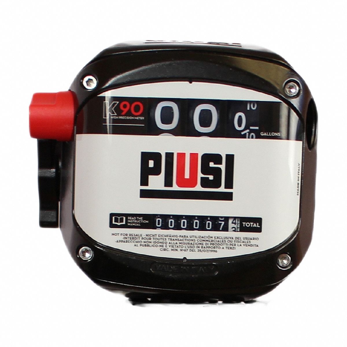 PIUSI Mechanical Fuel Meter: Fuel Meter, Mechanical, 1 in NPT, 24 gpm Flow Rate - Max, Gallons (MPN F009SE500). Key specifications — Display Type: Mechanical; Unit Of Measure: Gallons; Brand: PIUSI; Manufacturer Part Number: F009SE500; Housing Material: Aluminum; Accuracy: +/-0.6%.
