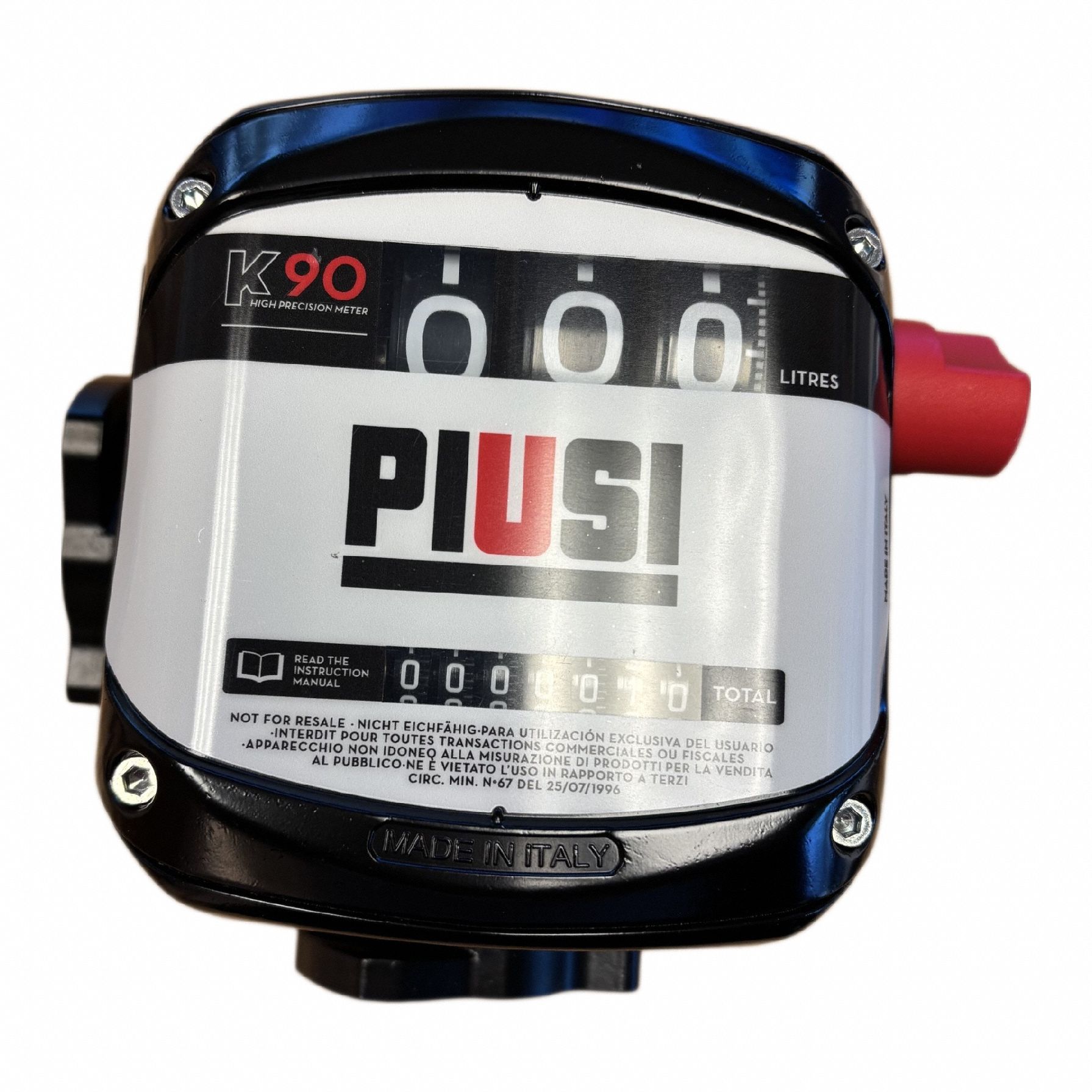 PIUSI Mechanical Fuel Meter: Fuel Meter, Mechanical, 1 in NPT, 24 gpm Flow Rate - Max, Gallons (MPN F009SW500). Key specifications — Display Type: Mechanical; Unit Of Measure: Gallons; Brand: PIUSI; Manufacturer Part Number: F009SW500; Housing Material: Aluminum; Accuracy: +/-0.6%.