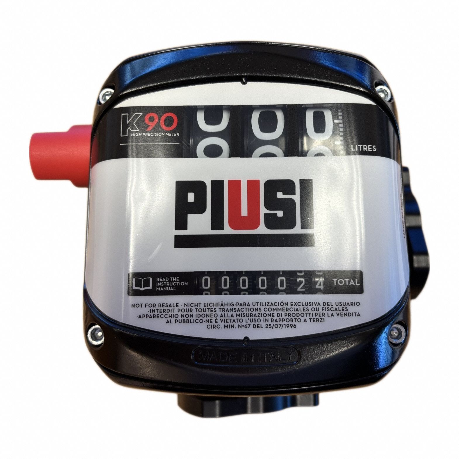 PIUSI Mechanical Fuel Meter: Fuel Meter, Mechanical, 1 in NPT, 24 gpm Flow Rate - Max, Liters (MPN F009SE600). Key specifications — Display Type: Mechanical; Unit Of Measure: Liters; Brand: PIUSI; Manufacturer Part Number: F009SE600; Housing Material: Aluminum; Accuracy: +/-0.6%.