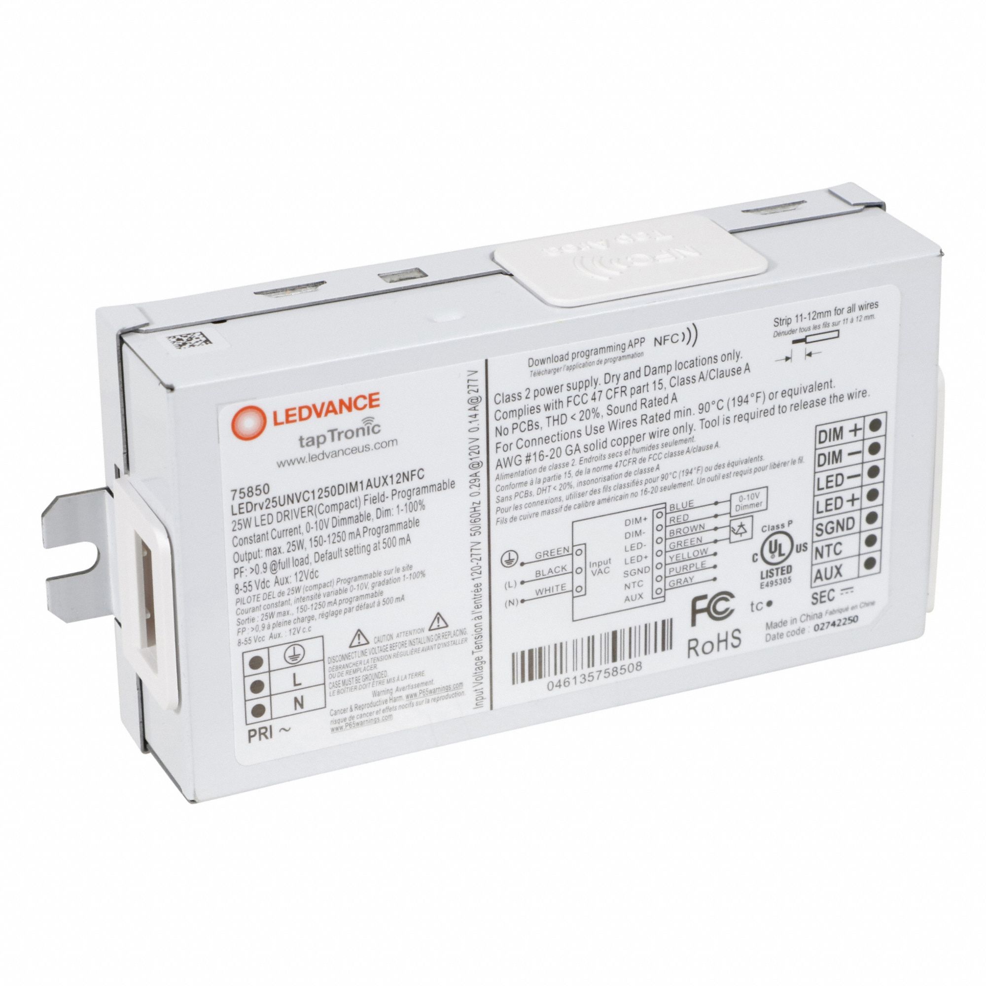 LED Driver: Class 2, 25 W Max. Power Output, 120 to 277V AC, 8 to 55V DC, 150 to 1, 250 mA