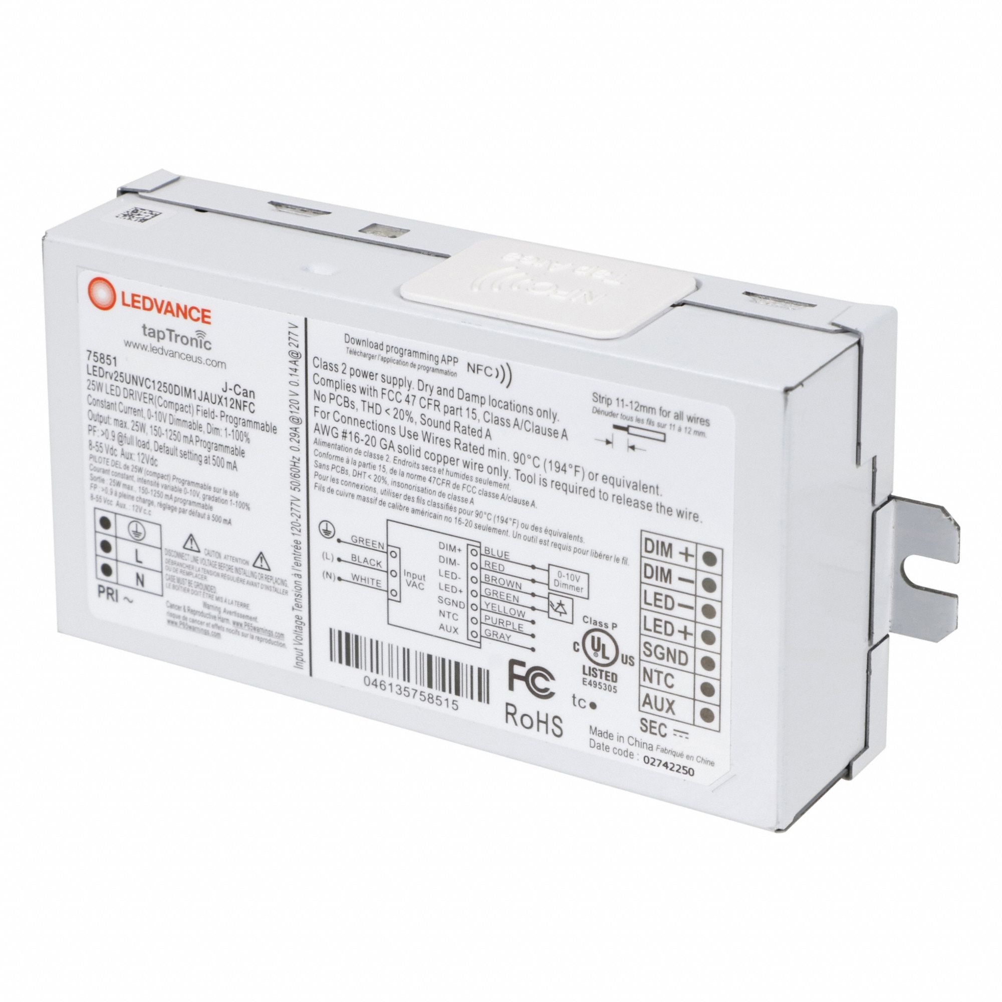 LED Driver: Class 2, 25 W Max. Power Output, 120 to 277V AC, 8 to 55V DC, 150 to 1, 250 mA