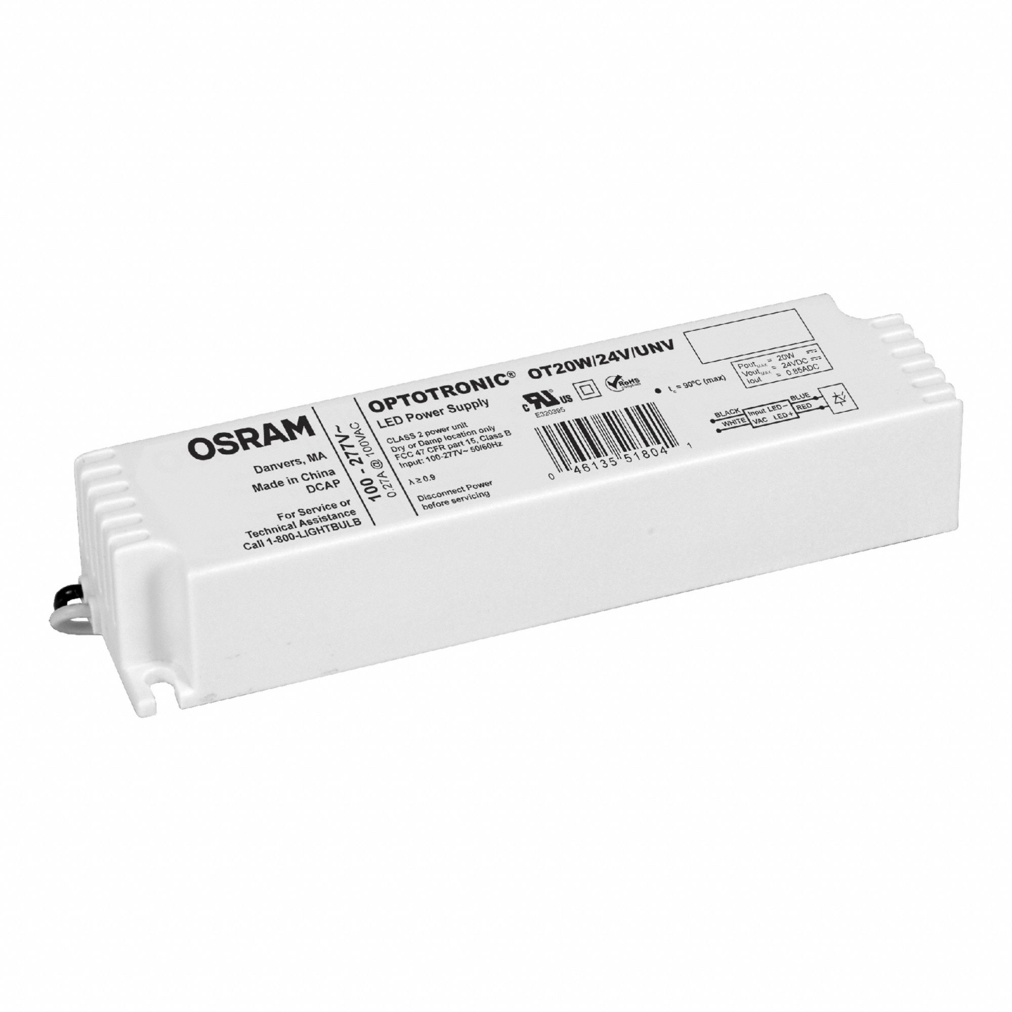 LED Driver: Class 2, 20 W Max. Power Output, 120 to 277V AC, 24V DC, No Dimming