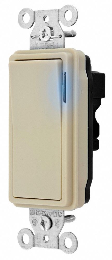 Illuminated Wall Switch: Rocker Switch, 3-Way, Ivory, 20 A, 120/277V AC, Snap-In Module, Illuminated