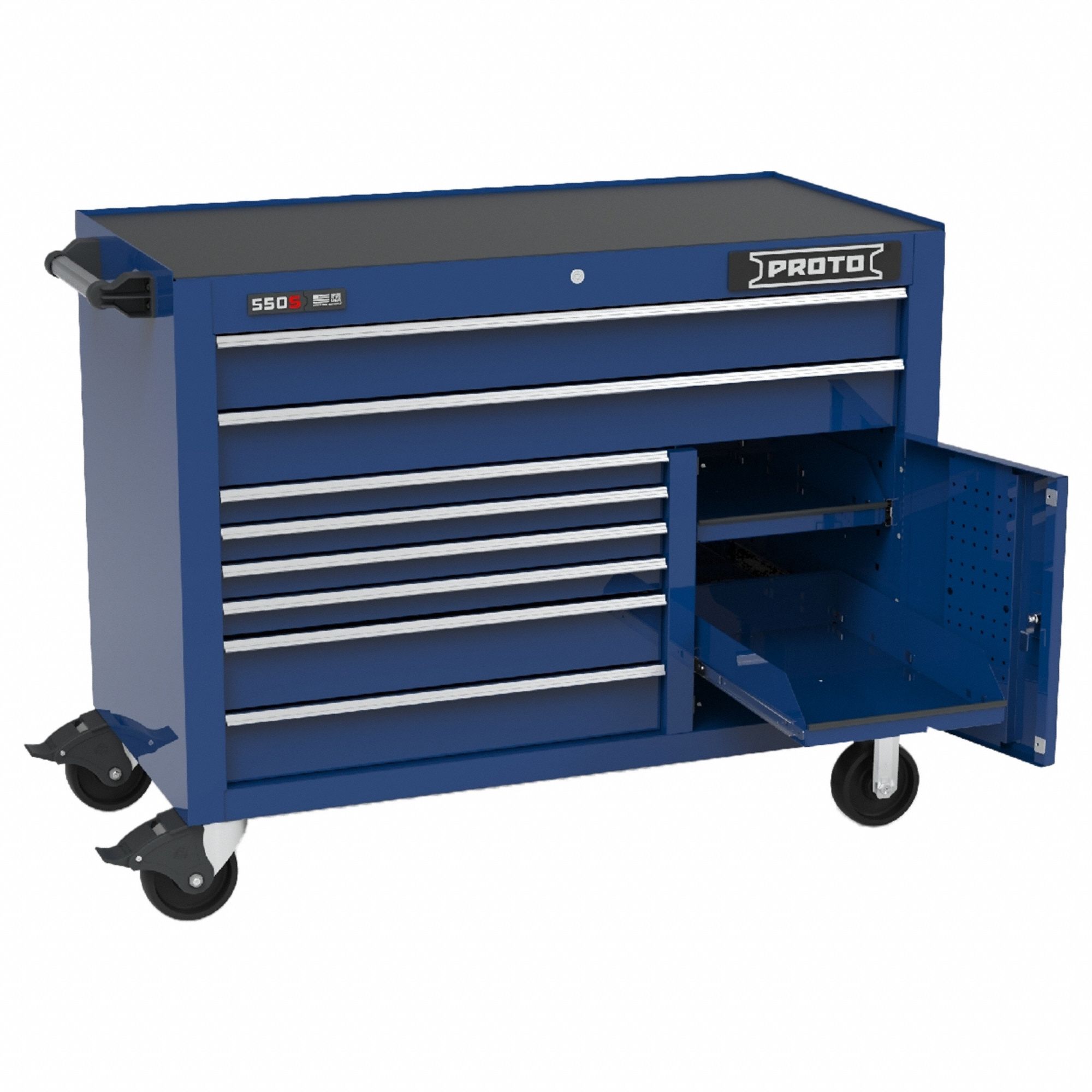 Rolling Tool Cabinet: Blue / Blue Drawer, 50 in W x 25 1/4 in D x 41 in H, 8 Drawers