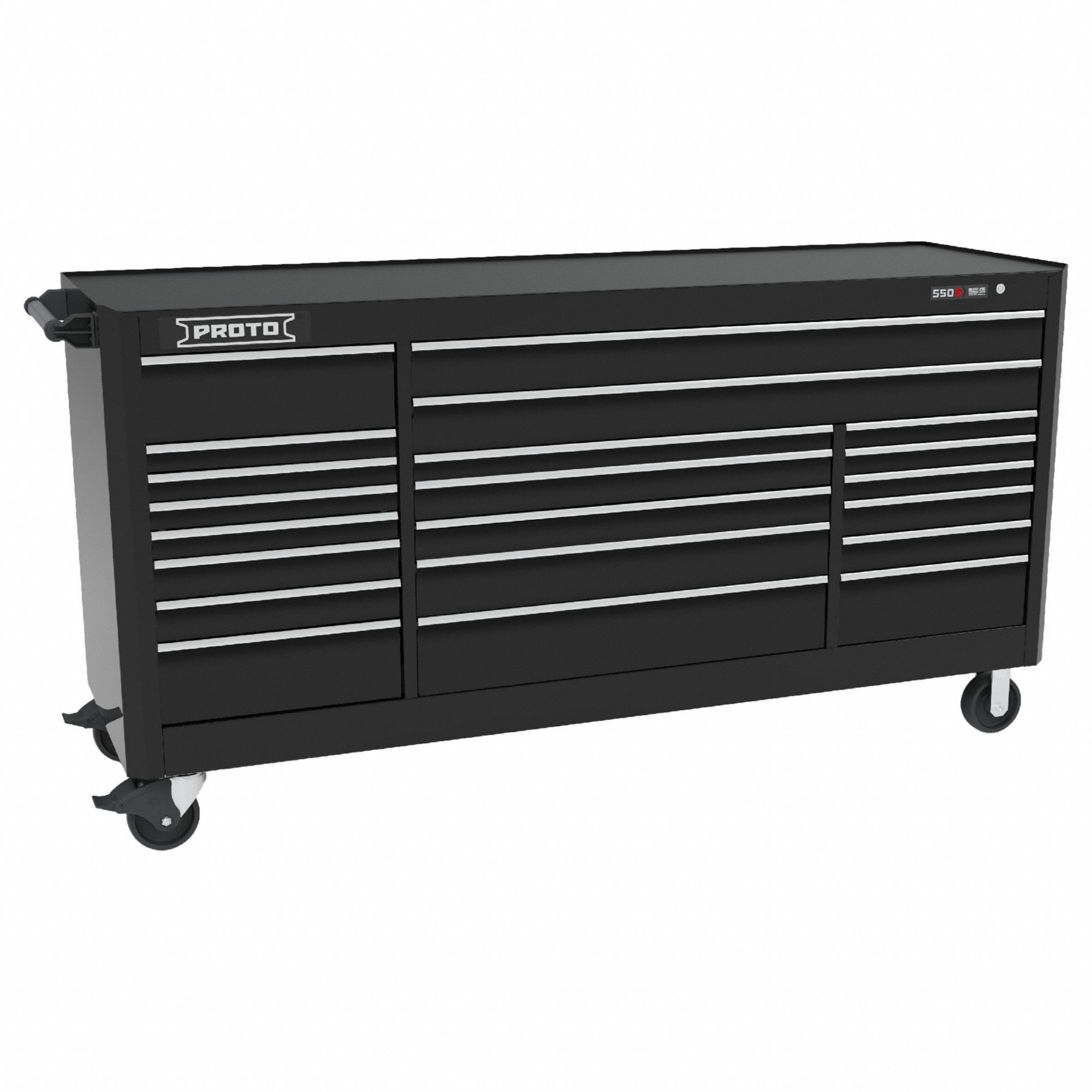 Rolling Tool Cabinet: Black / Black Drawer, 88 in W x 27 in D x 46 in H, 21 Drawers