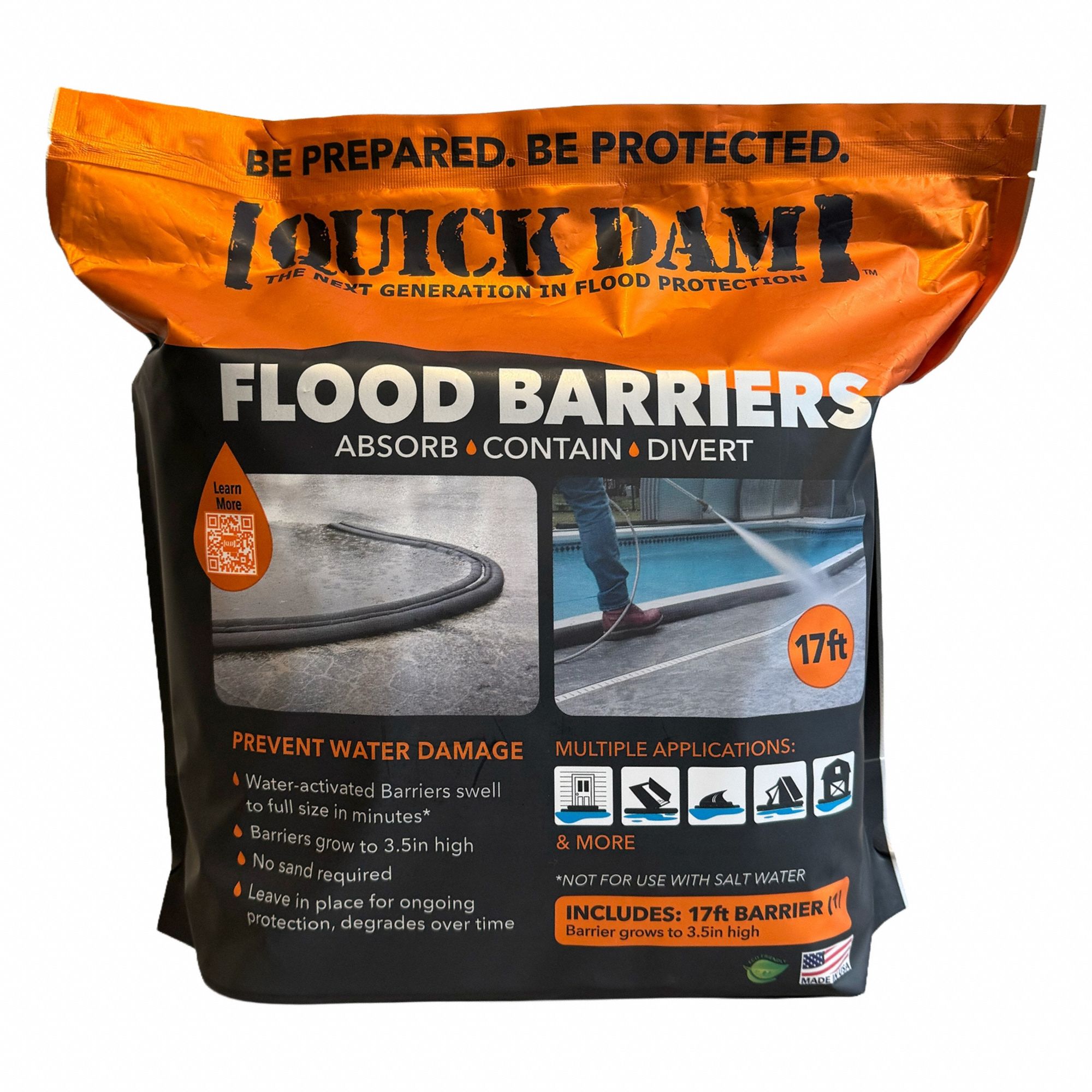 Water Activated Flood Barrier: Fresh Water, 3 1/2 in Overall Ht, 9 in Overall Wd