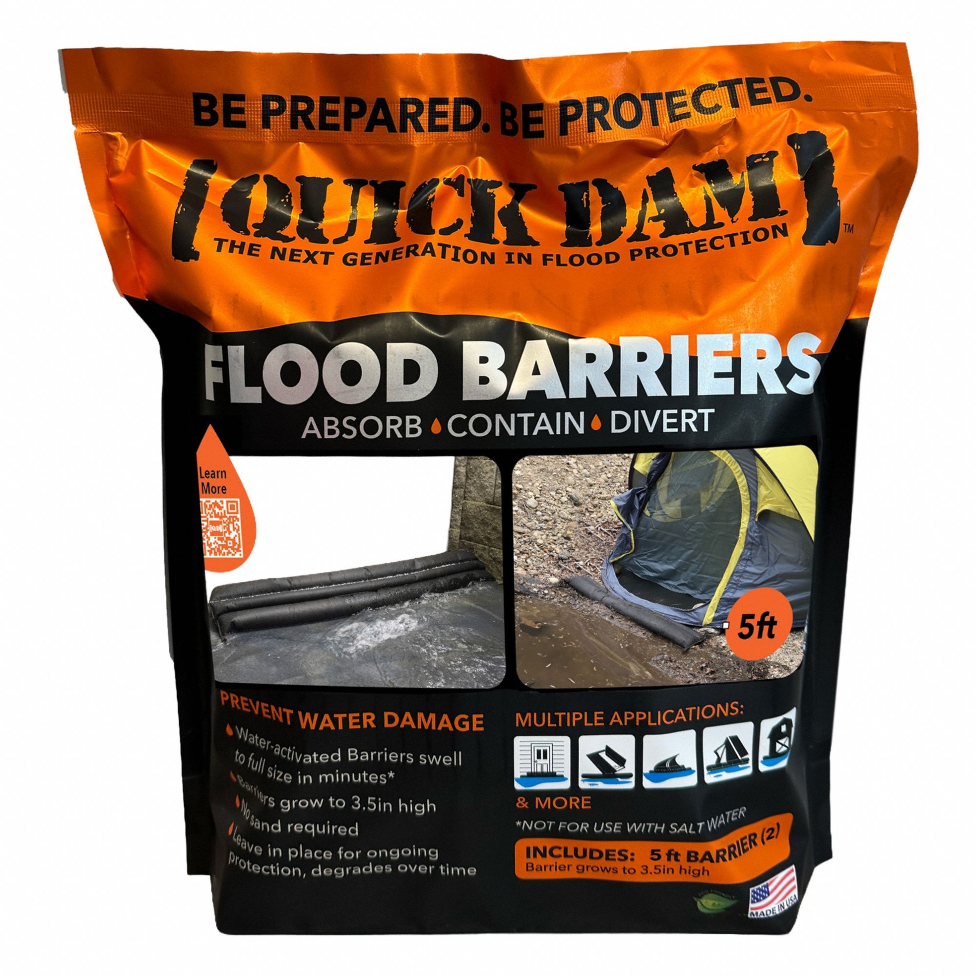 Water Activated Flood Barrier: Fresh Water, 3 1/2 in Overall Ht, 8 in Overall Wd