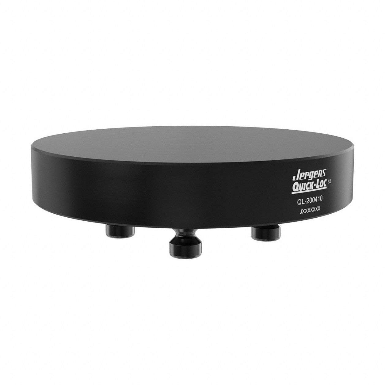JERGENS Machinable Support Pallet: Quick-Loc, Round, Carbon Steel, 157 mm Outside Dia, 4.13 kg Wt (MPN QL-200410). Key specifications — Product Type: Machinable Support Pallet; Brand: JERGENS; Includes: Pull Studs; Compatible Pull Stud Part Number: QL-200800.