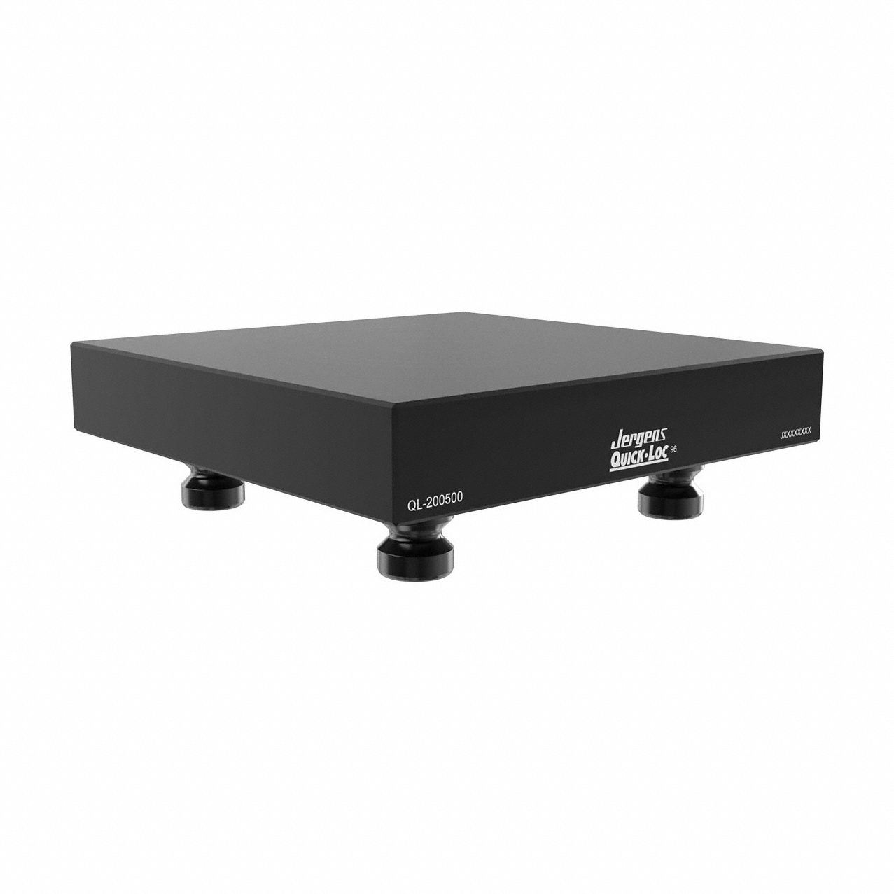 JERGENS Machinable Support Pallet: Quick-Loc, Square, Carbon Steel, 156 mm W x 156 mm L x 27 mm H (MPN QL-200500). Key specifications — Product Type: Machinable Support Pallet; Brand: JERGENS; Includes: Pull Studs; Compatible Pull Stud Part Number: QL-200805.