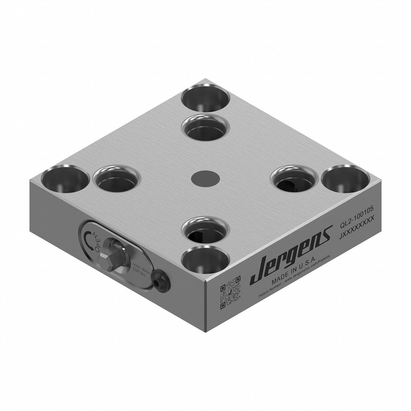 JERGENS Receiver Base: Quick-Loc, Square, Alloy Steel, 104 mm W x 104 mm L x 104 mm H, 1.8 kg Wt (MPN QL2-100105). Key specifications — Product Type: Receiver Base; Brand: JERGENS; Compatible Pull Stud Part Number: QL-200800.