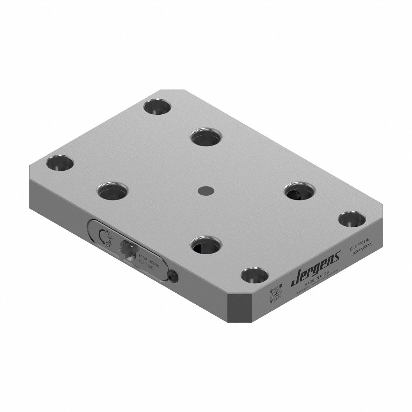 JERGENS Receiver Base: Quick-Loc, Rectangular, Alloy Steel, 160 mm W x 229 mm L x 27 mm H, 6.9 kg Wt (MPN QL2-100216). Key specifications — Product Type: Receiver Base; Brand: JERGENS; Compatible Pull Stud Part Number: QL-200805.