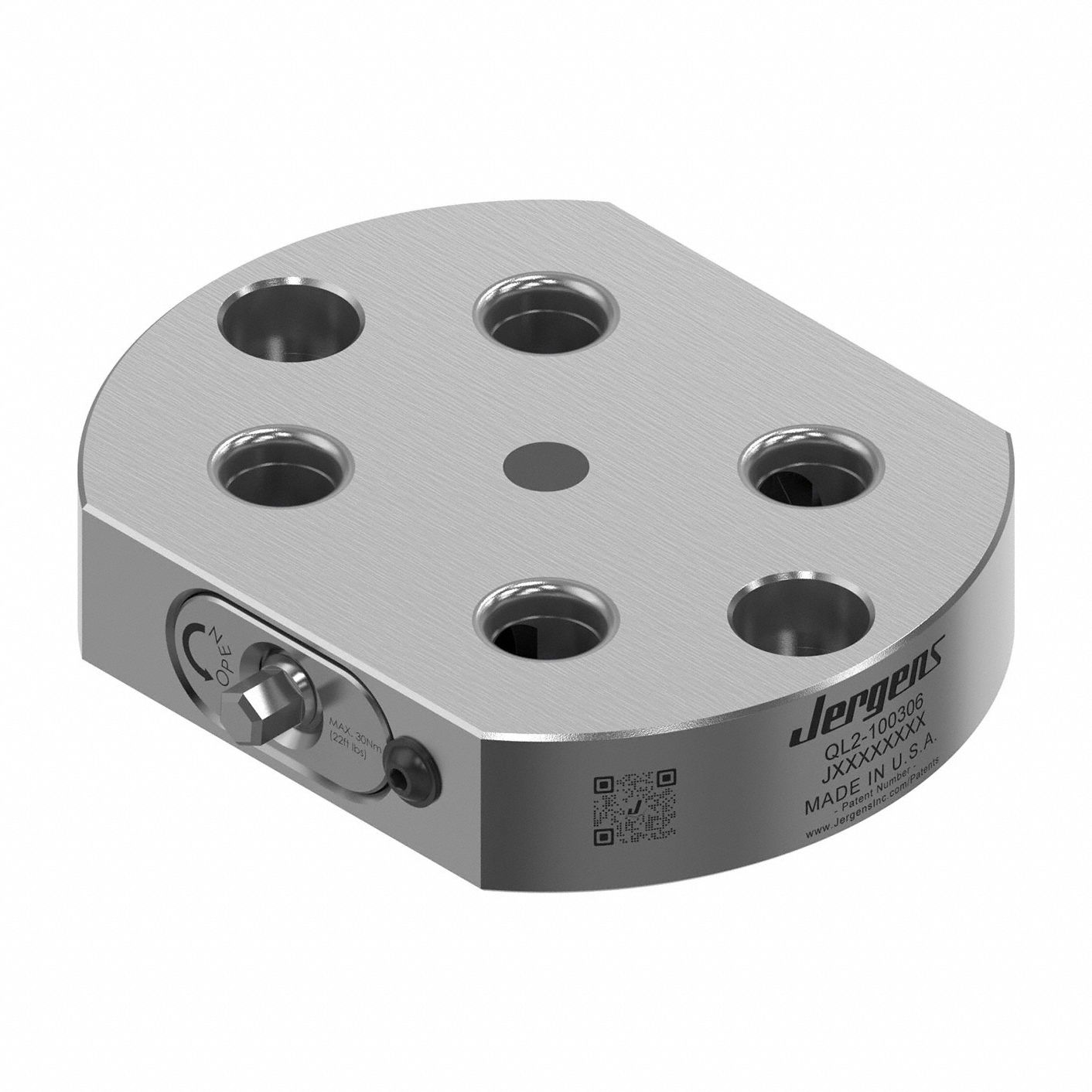 JERGENS Receiver Base: Quick-Loc, Round, Alloy Steel, 130 mm W x 104 mm L x 27 mm H, 2.09 kg Wt (MPN QL2-100306). Key specifications — Product Type: Receiver Base; Brand: JERGENS; Compatible Pull Stud Part Number: QL-200800.