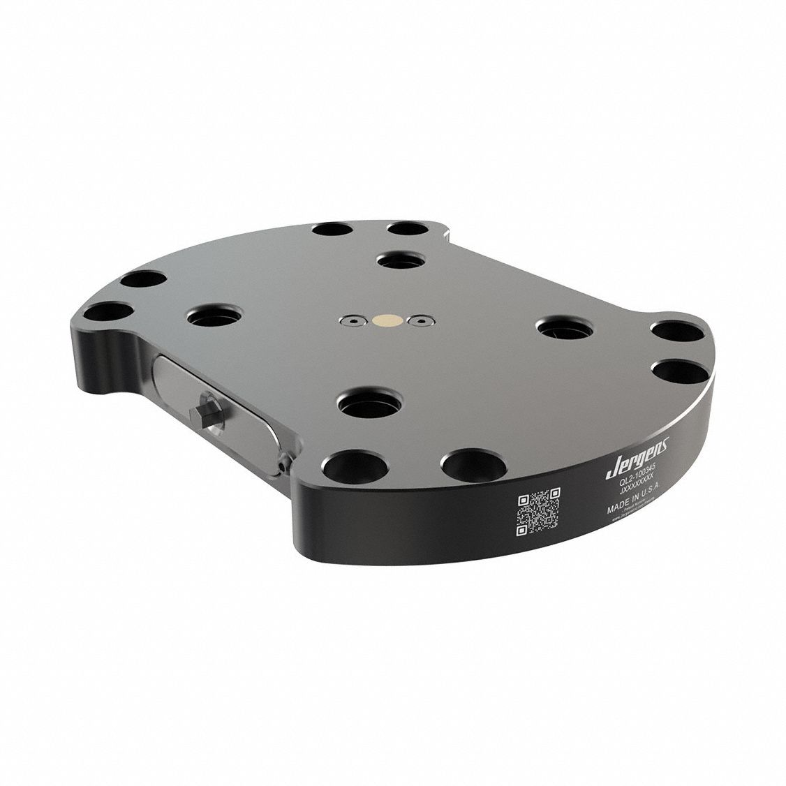 JERGENS Receiver Base: Quick-Loc, Round, Alloy Steel, 176 mm Outside Dia, 7.1 kg Wt, QL2-100345. Key specifications — Product Type: Receiver Base; Brand: JERGENS; Compatible Pull Stud Part Number: QL-200805.