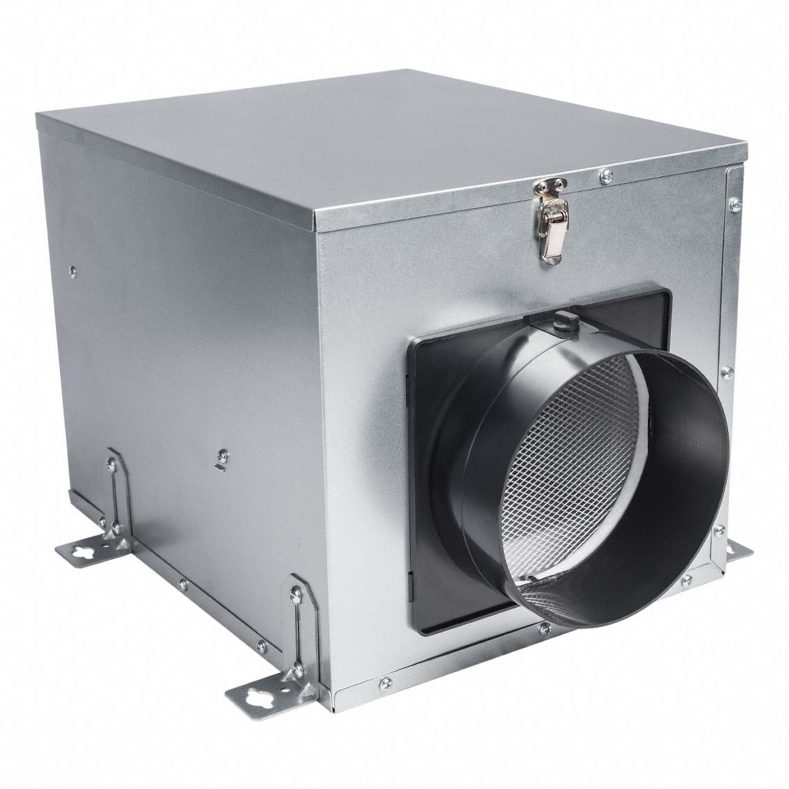 Fresh Air Supply Fan: 100 cfm Max., 6 in Duct, 12 W, 120V AC, 1 Ph, IP4X, Steel (MPN QUF100X). Key specifications — Includes: Built-in Test Port; Brand: QUFRESH; Speed Controllable: No; Motor IP Rating: IP4X; High-Efficiency Motor: Yes; Nameplate Voltage: 120V AC; Number of Speeds: 3; Airflow @ 0.000 in SP - Range: 0 to 249 cfm.