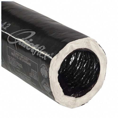Insulated flex duct: 16 in Dia, 25 ft Lg, 6, 0.11% Vapor Trans, Fiberglass, 200°F Max Temp