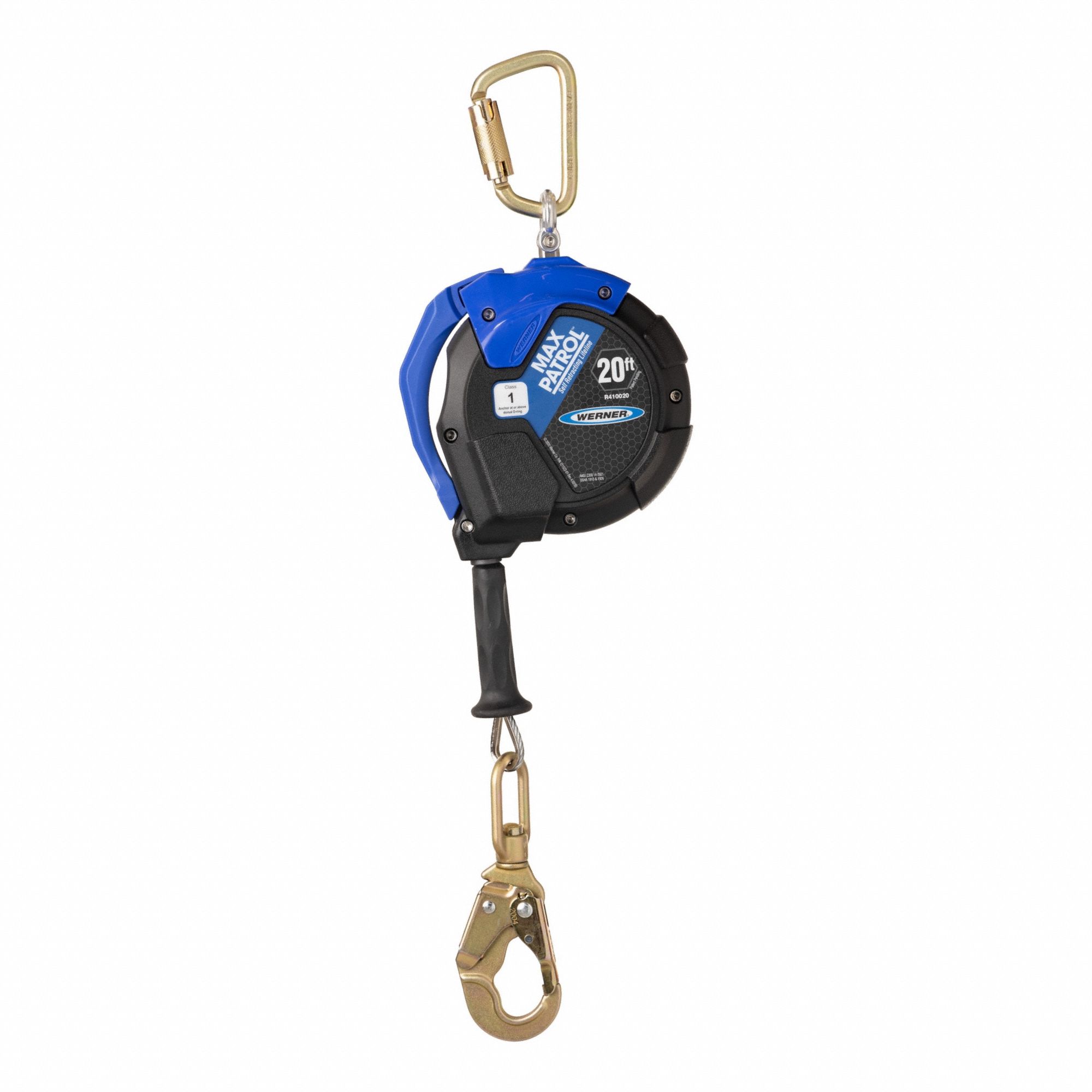 Self-Retracting Lifeline: Steel Carabiner Anchor, Harness Steel Swivel Snap Hook, 20 ft Line
