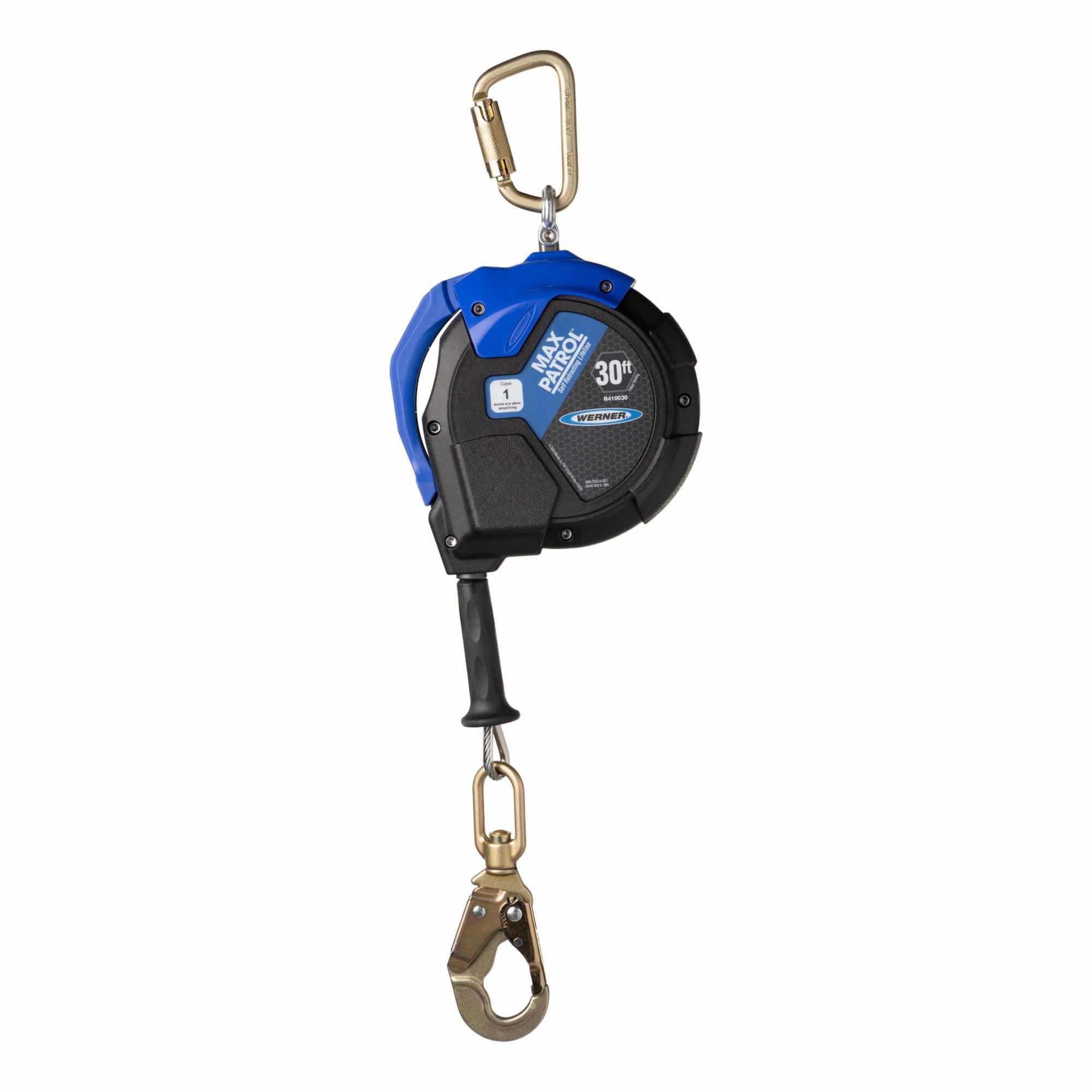Self-Retracting Lifeline: Steel Carabiner Anchor, Harness Steel Swivel Snap Hook, 30 ft Line