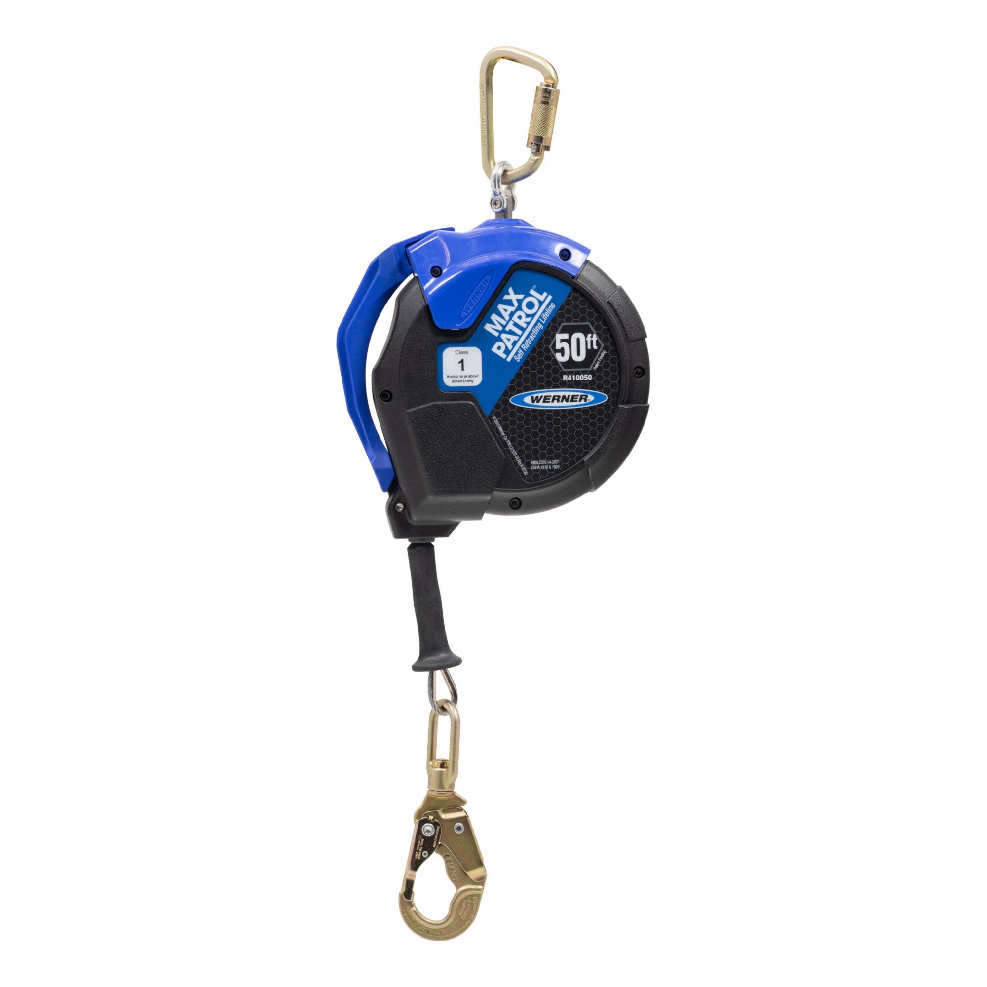 Self-Retracting Lifeline: Steel Carabiner Anchor, Harness Steel Swivel Snap Hook, 50 ft Line