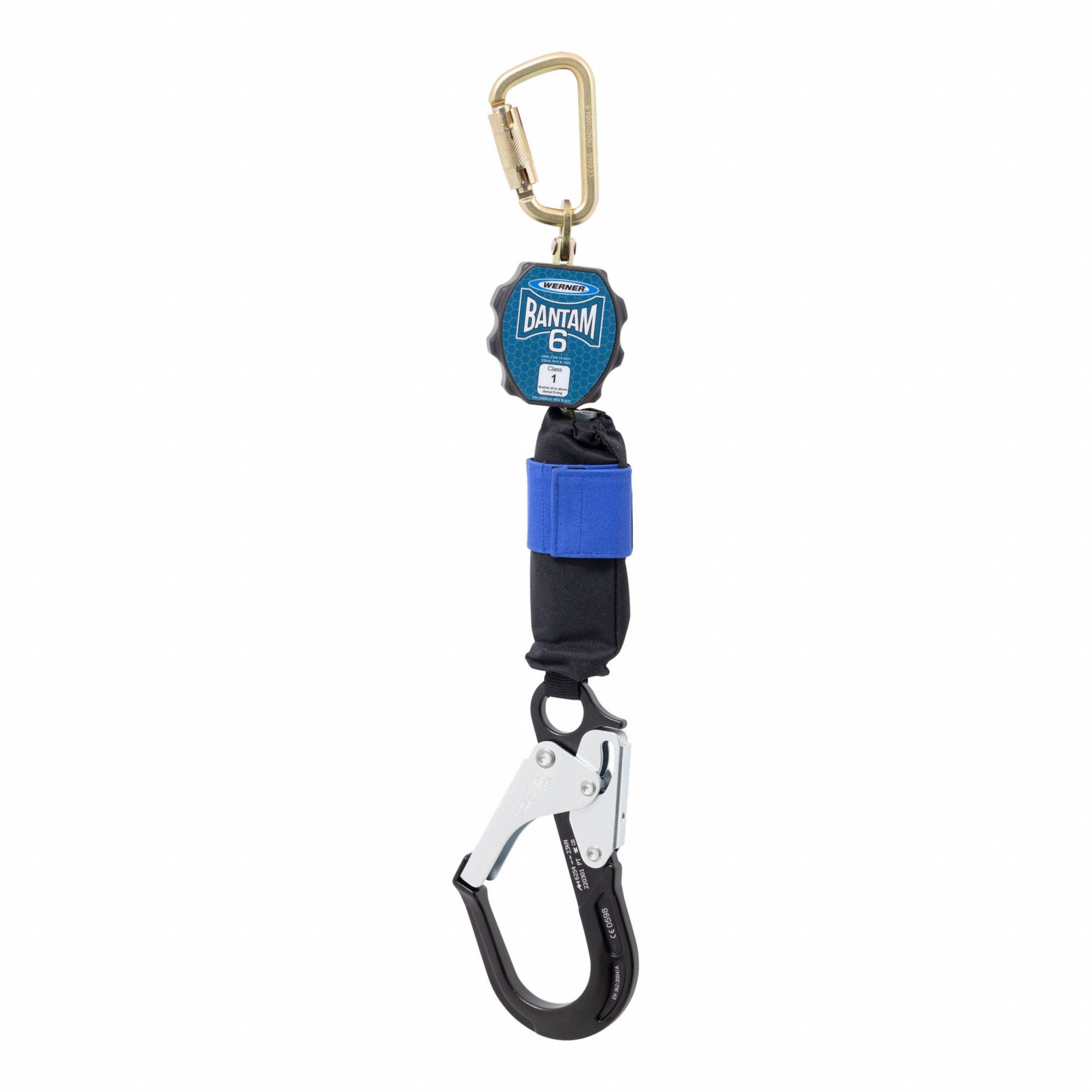 Self-Retracting Lifeline: 2 1/2 inAluminum Rebar Hook Anchor, Harness Steel Carabiner