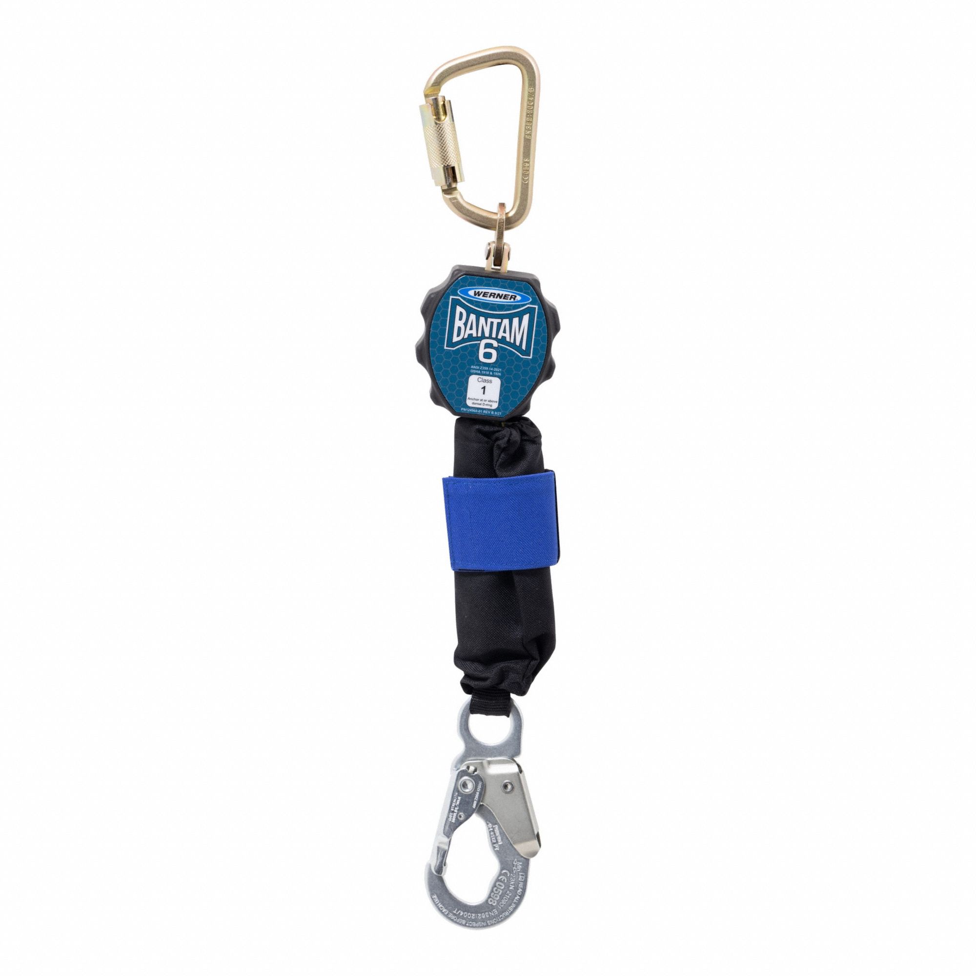 Self-Retracting Lifeline: Steel Snap Hook Anchor, Harness Steel Carabiner, 6 ft Line