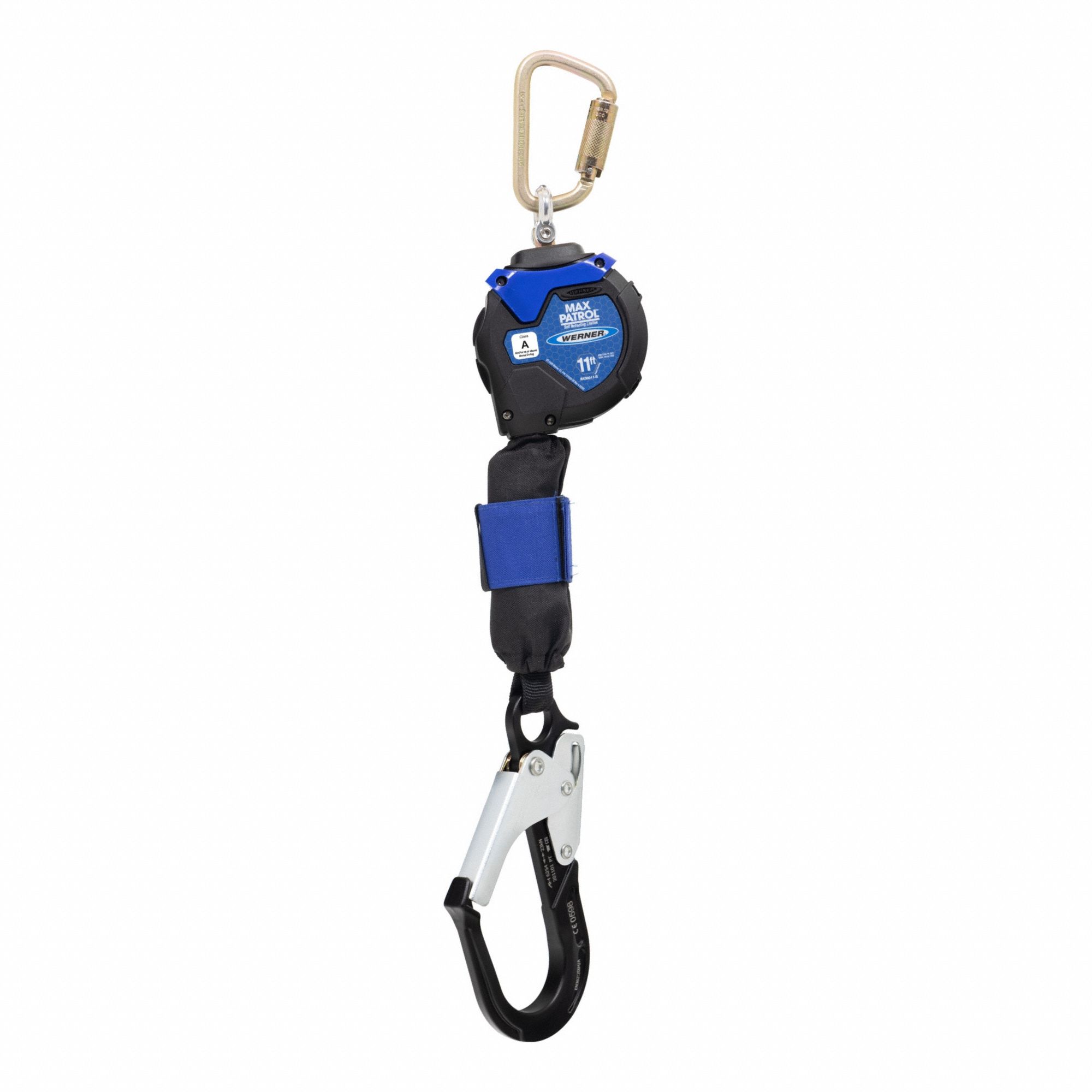 Self-Retracting Lifeline: 2 1/2 inAluminum Rebar Hook Anchor, Harness Steel Carabiner